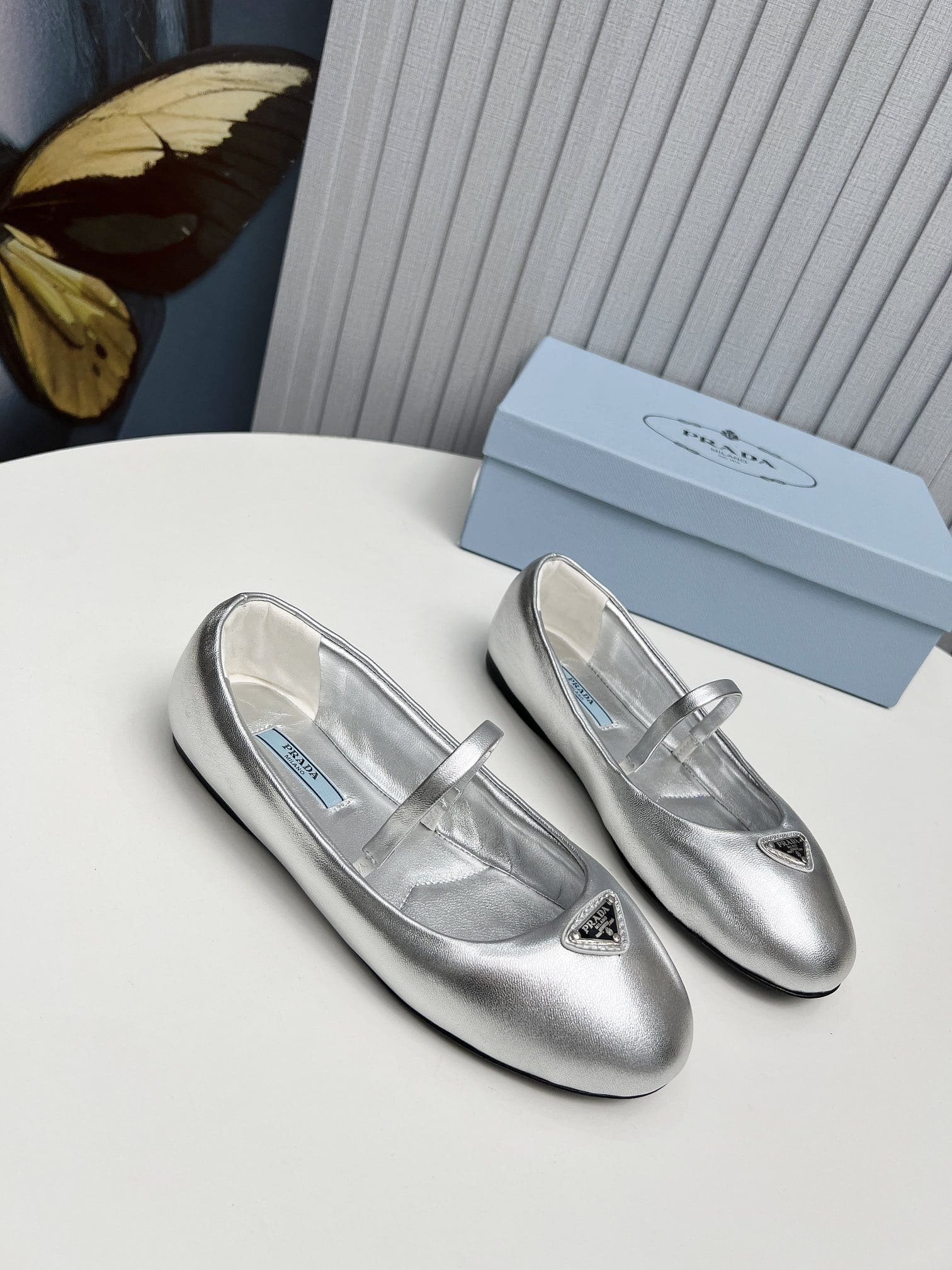Prada Soft Padded Nappa Leather Ballerinas Silver