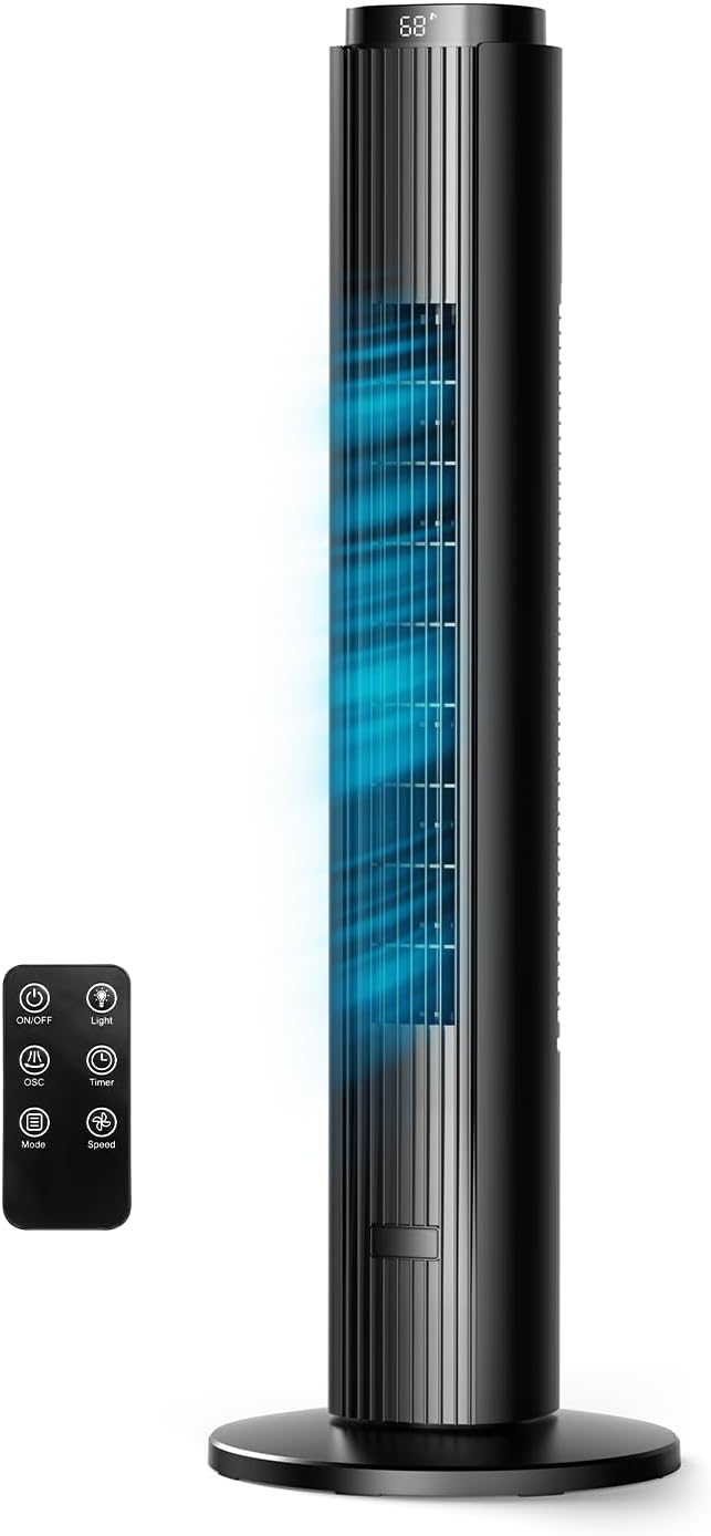 ZAFRO Tower Fan for Bedroom, 37'' Cooling Fans with 4 Modes 6 Speeds, 26 ft/s Velocity, 28dB Quiet for Sleep, LED Touchpad & 12H Timer, 90° Oscillating Floor Fans that Blow Cold Air, Black