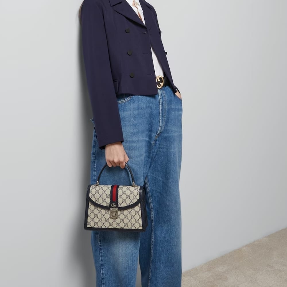 Gucci Ophidia Small Top Handle Bag Beige And Dark Blue 25Cm 651055 96Iwn 4076