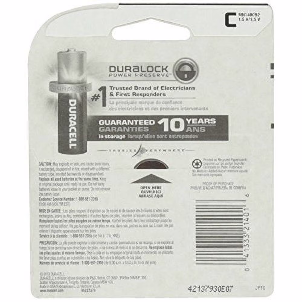 Duracell, CopperTop, Alkaline C Batteries (2/Pack), Non Rechargeable