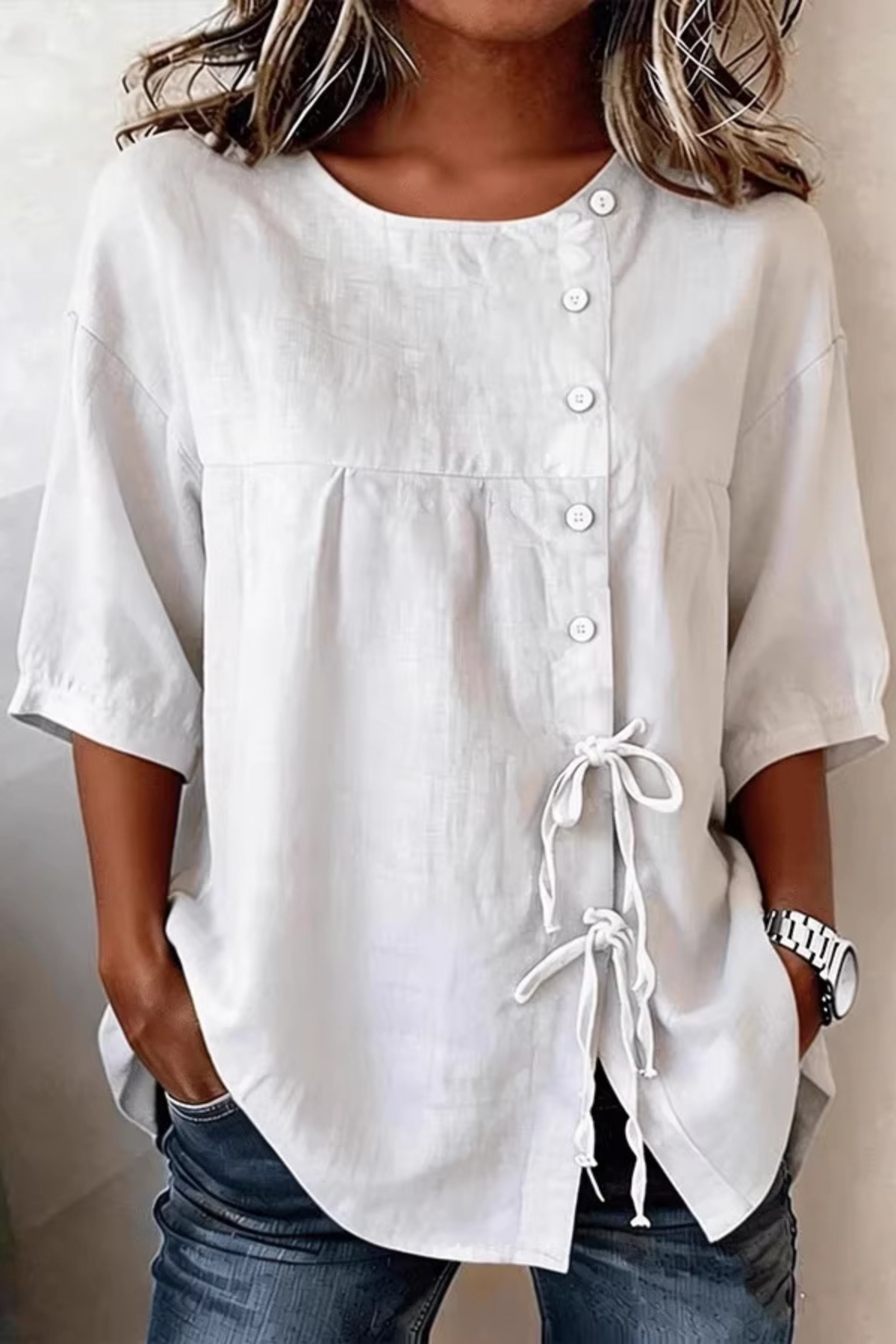 Temperament Shirt Lace-Up Button Round Neck Mid-Sleeve Top