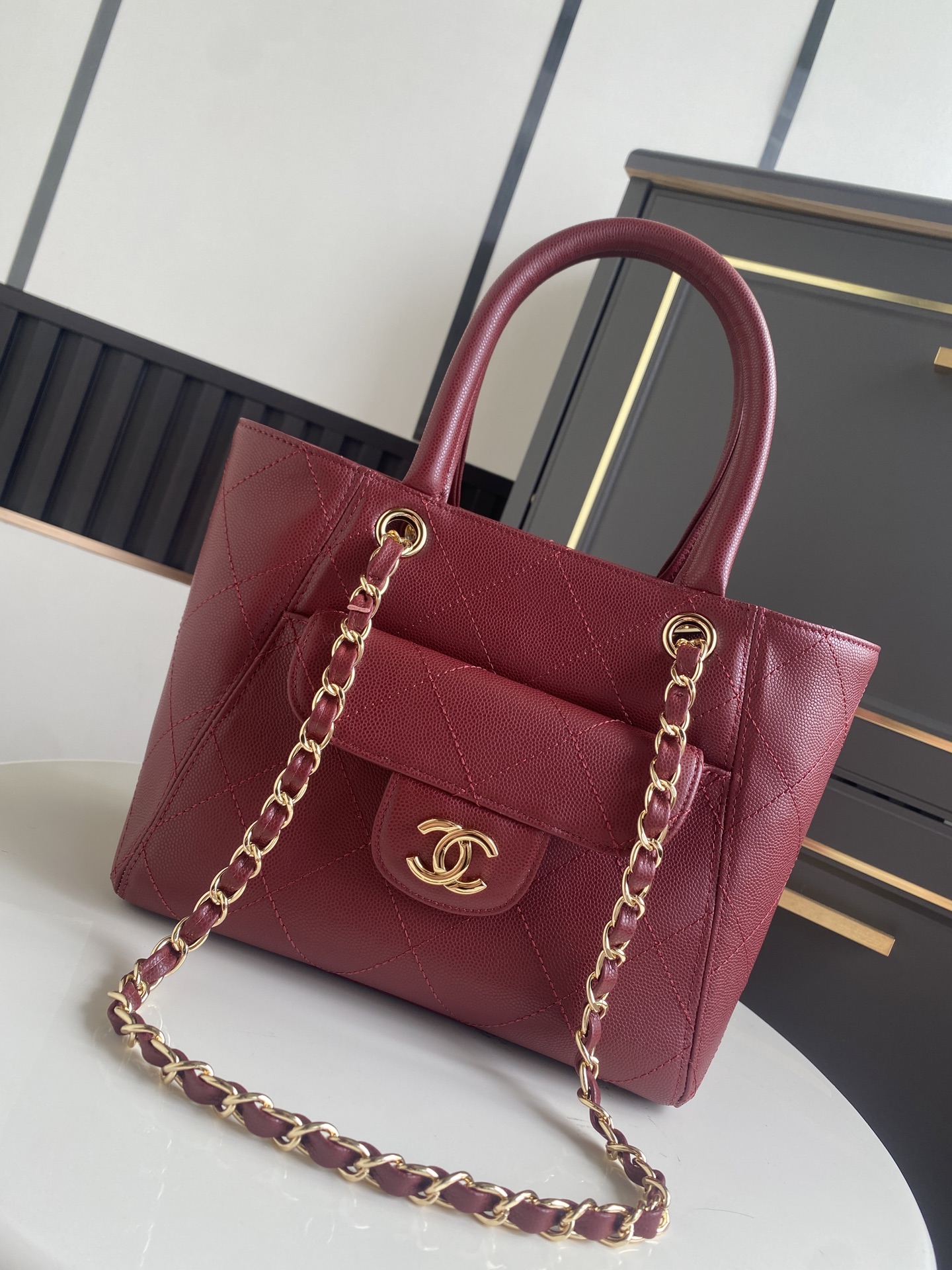 Cruise 2026 Burgundy Quilted Caviar Calfskin Mini Tote Bag with Gold-Tone Hardware