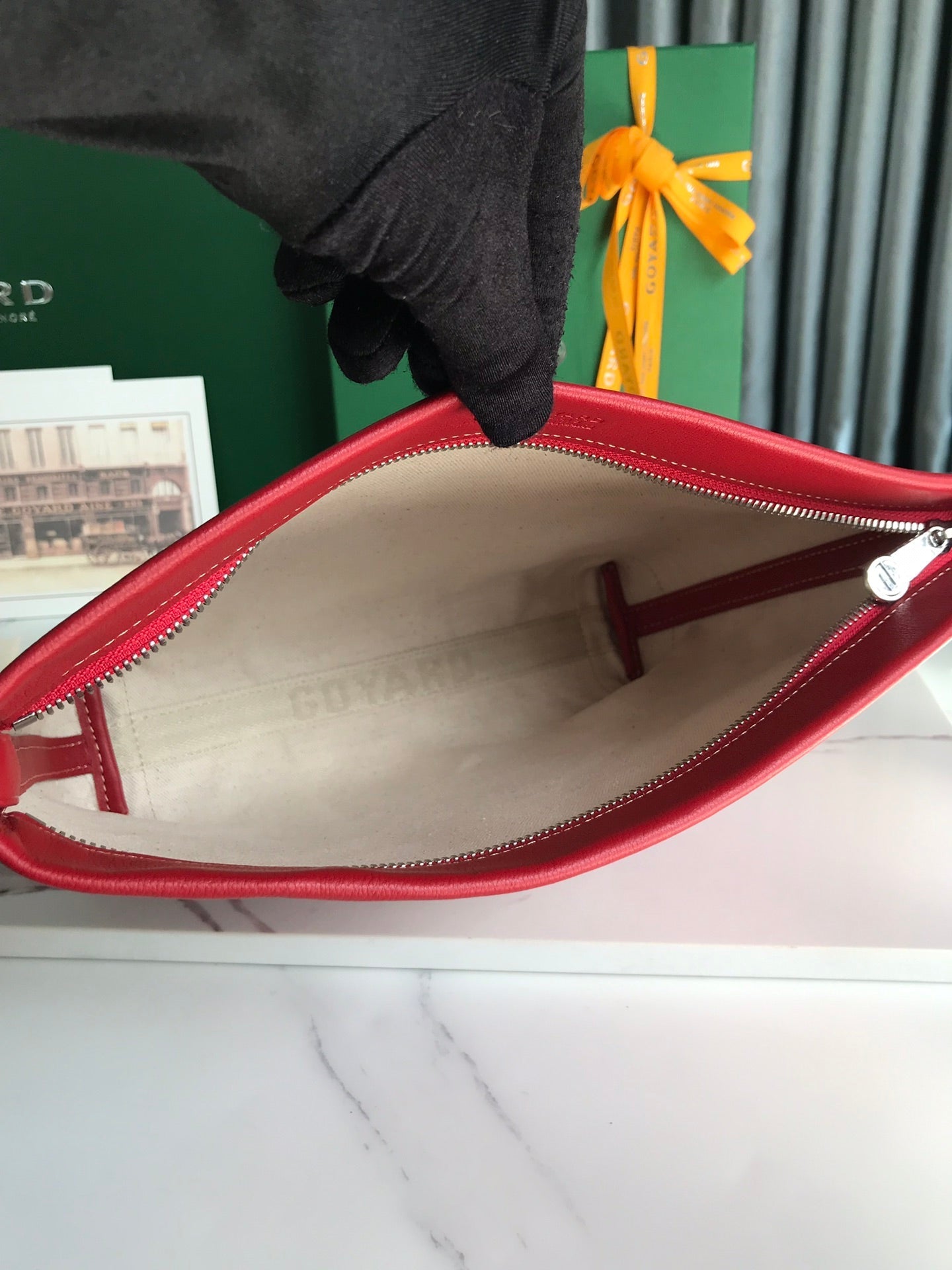 Goyard Conti Pouch 24cm Classic Red Lambskin And Goyardine Canvas