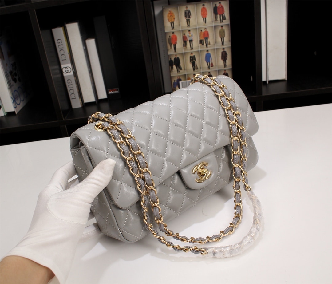 Chanel Classic Double Flap Bag Gold Hardware Gray 25Cm