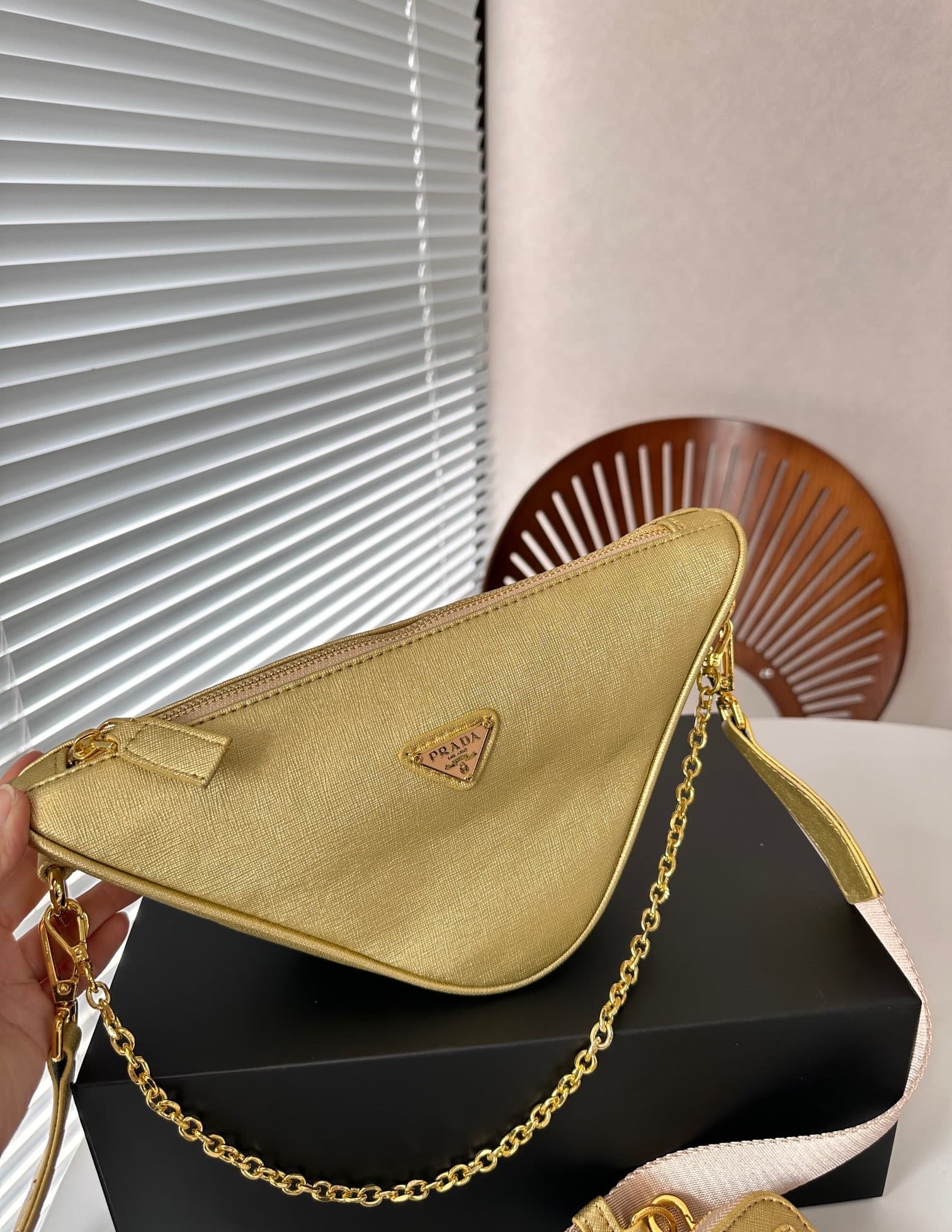Prada Triangle Saffiano Leather Shoulder Bag Gold 28Cm