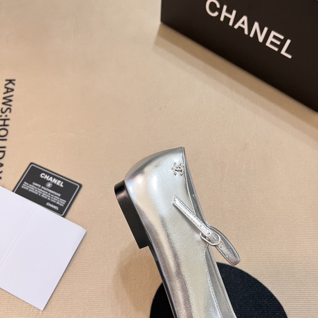Chanel Square Toe Ballet Flats Black Silver