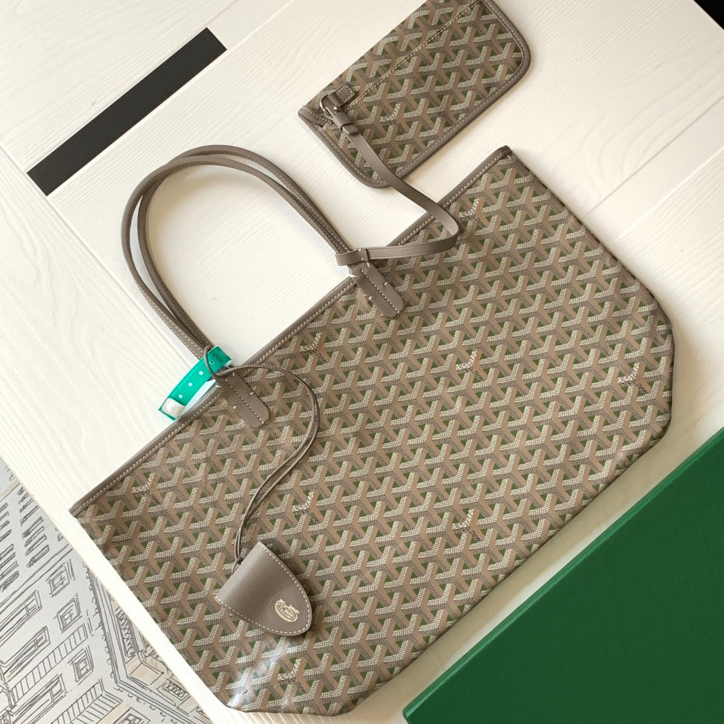 Goyard St Louis Pm 48Cm Greige And Green Tote Bag