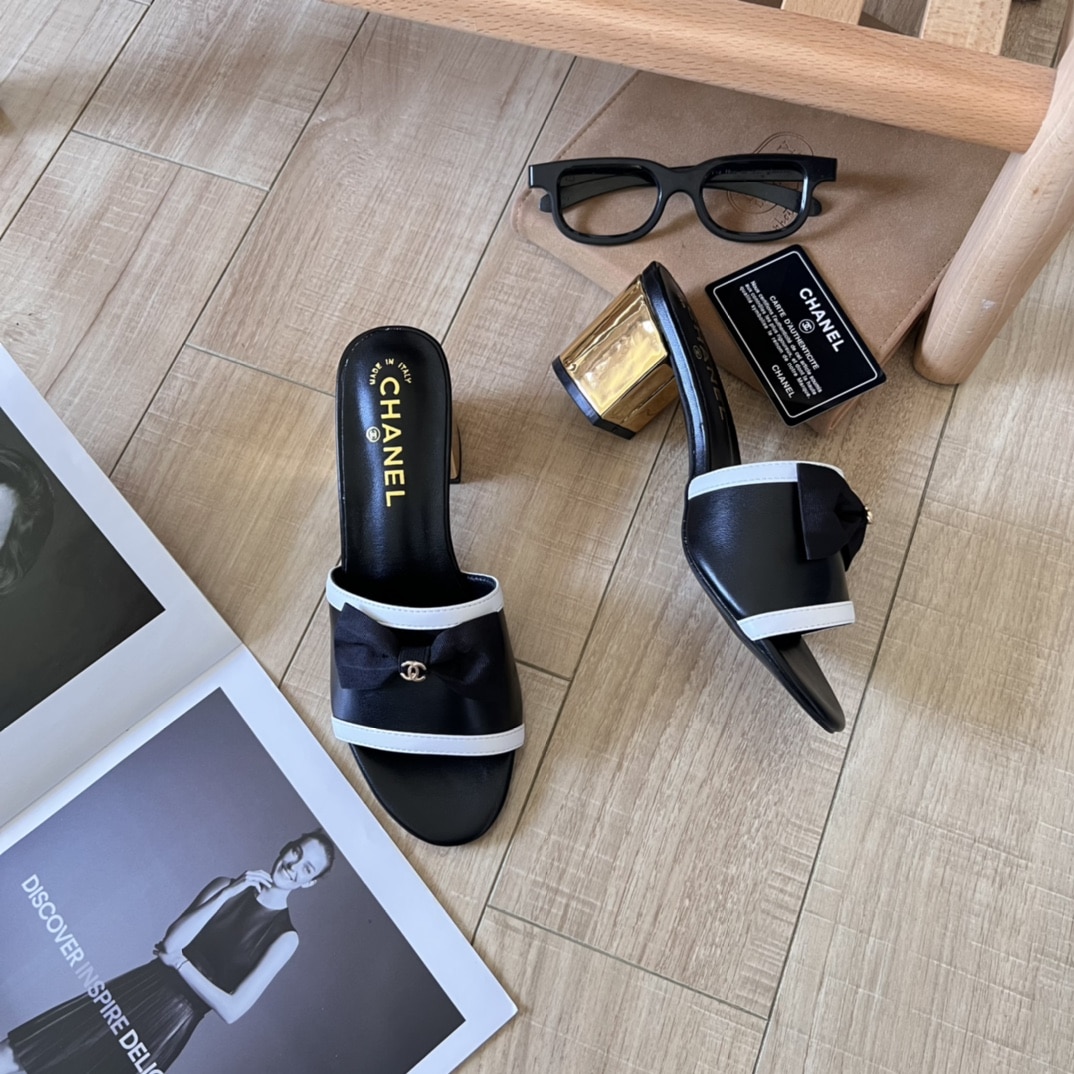 Chanel Grosgrain Ribbon Bow Mule Leather Gold Black