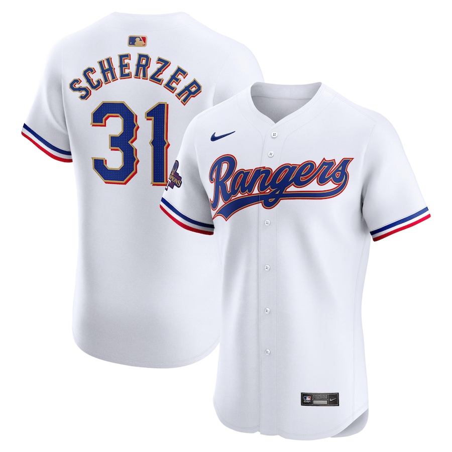Max Scherzer Texas Rangers 2024 Gold Collection Elite Player Jersey  White