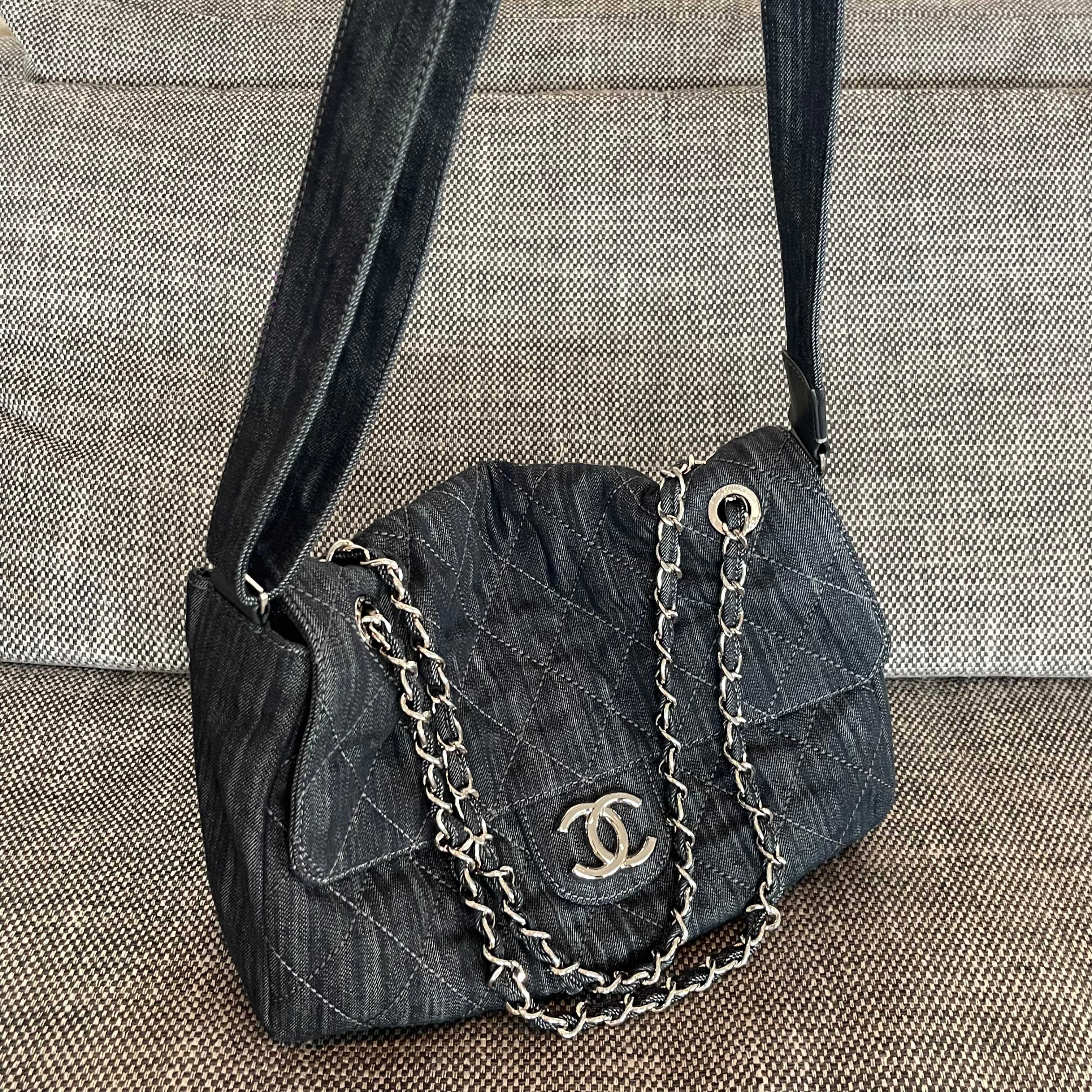 Vintage Hobo Dark Blue Denim Quilted Messenger Bag with Silver-Tone Hardware