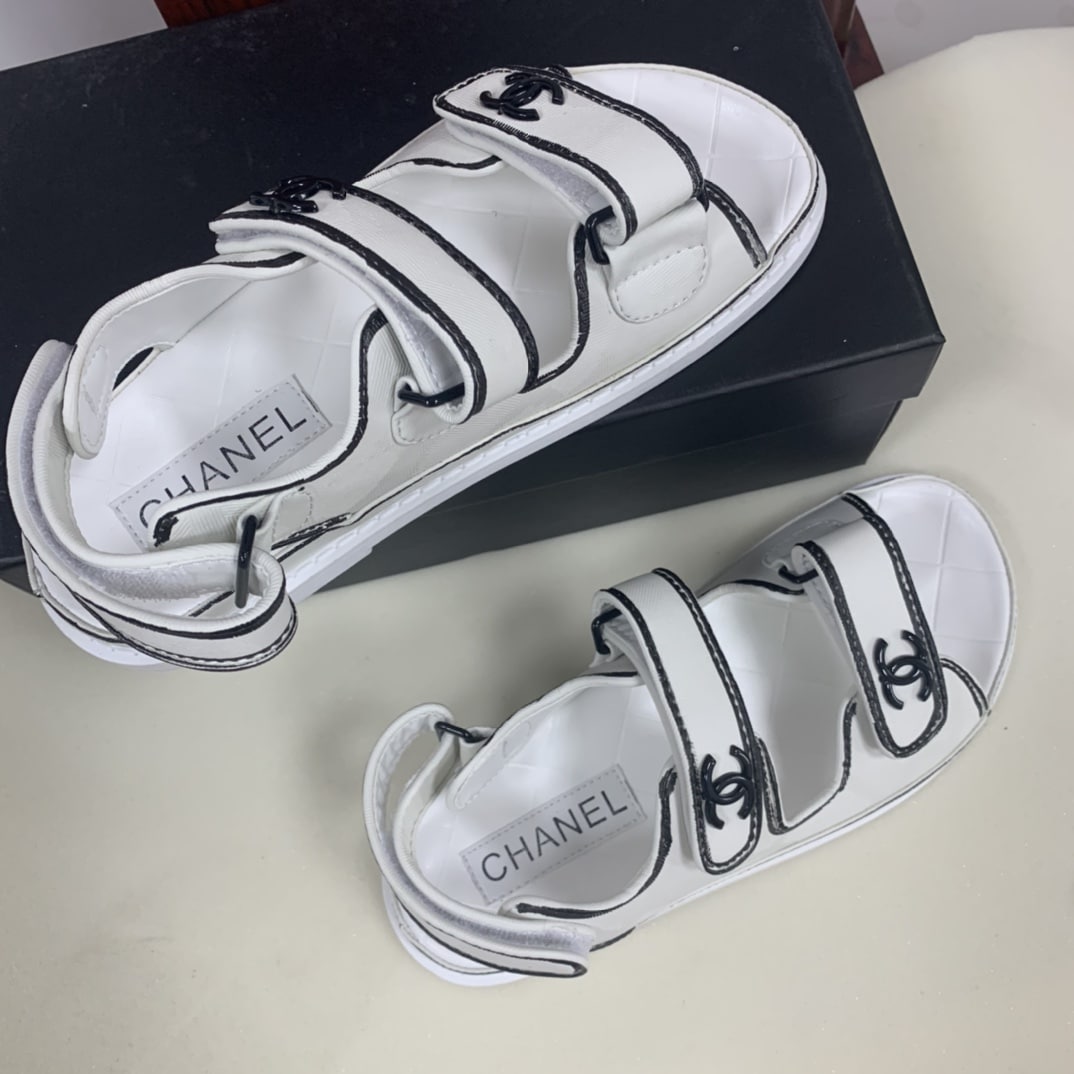 Chanel Calfskin Printed Velcro Dad Sandals White Black