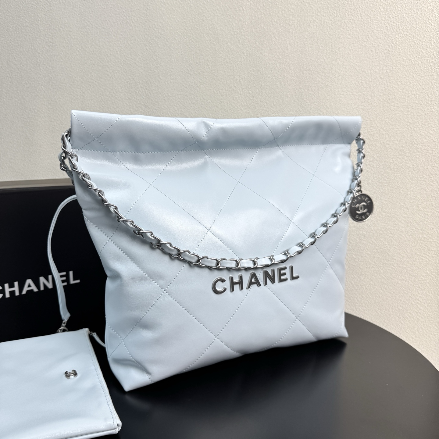 22 Bag Quilted Shiny Calfskin in Light Blue (Silver Hardware)