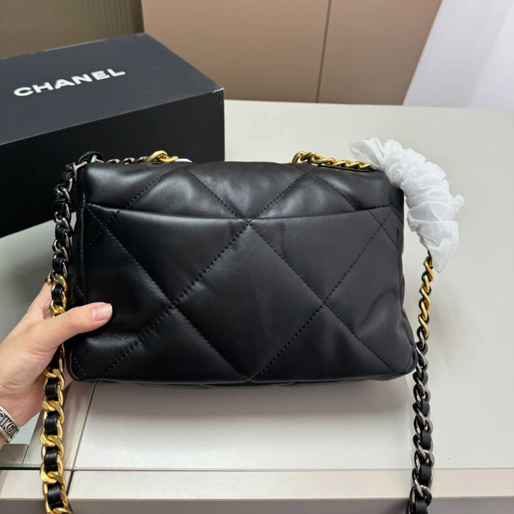 Chanel 19 Handbag Shiny Gold And Silver Tone Black 26Cm AS1160 B04852 94305