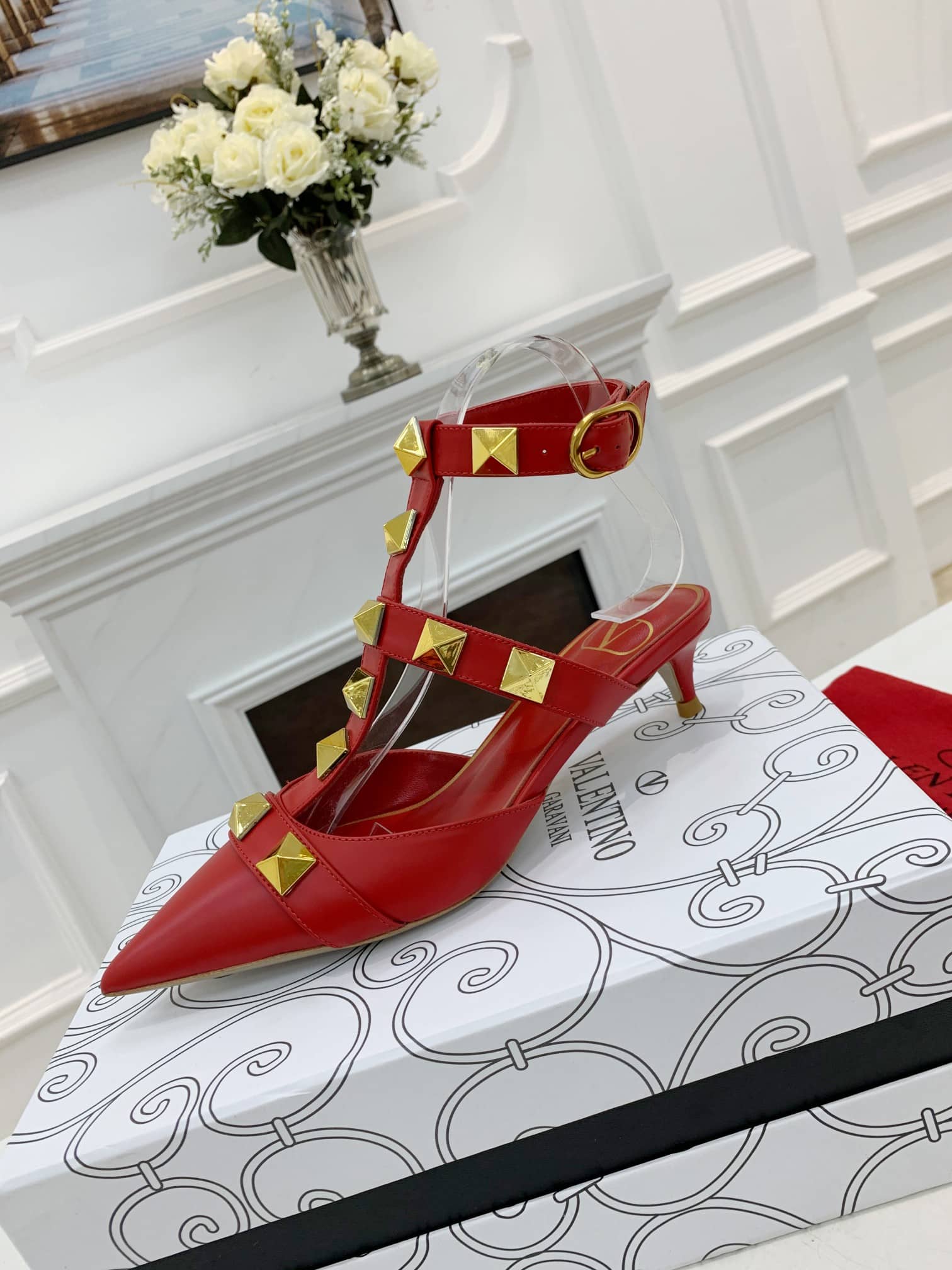 Valentino Garavani Roman Stud Kitten Heel Pumps Red