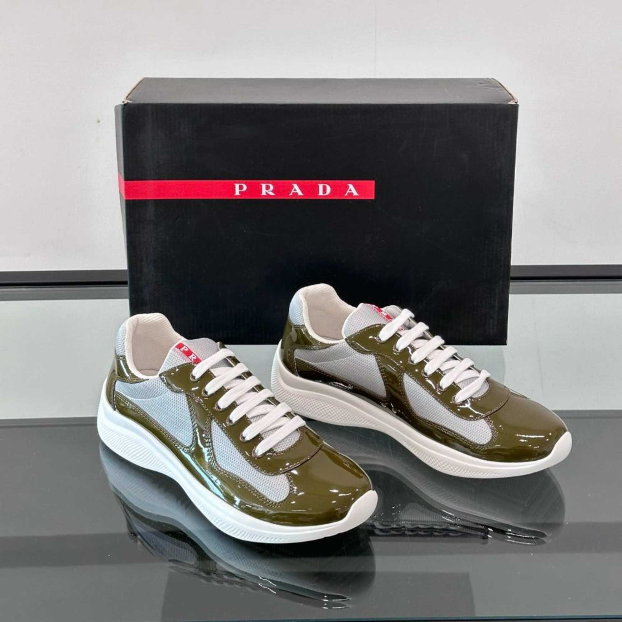 Prada Patent Leather And Technical Fabric Cup Sneakers