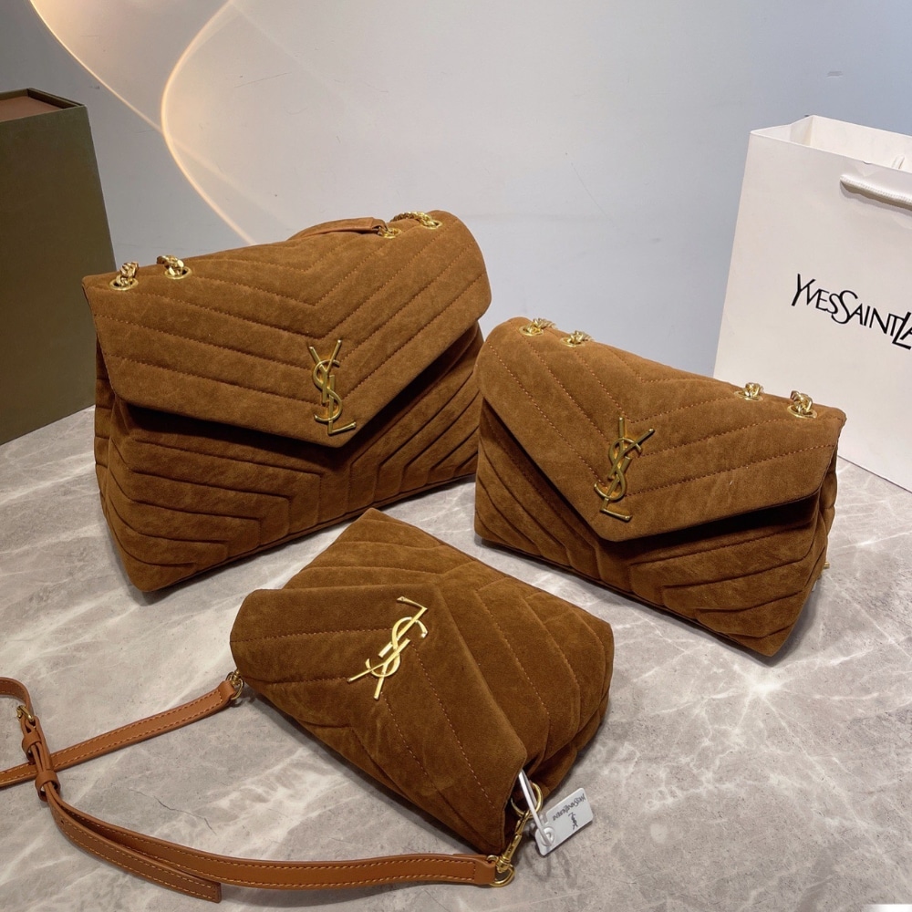Saint Laurent Cinnamon Loulou Medium Chain Bag In Suede Brown 23Cm