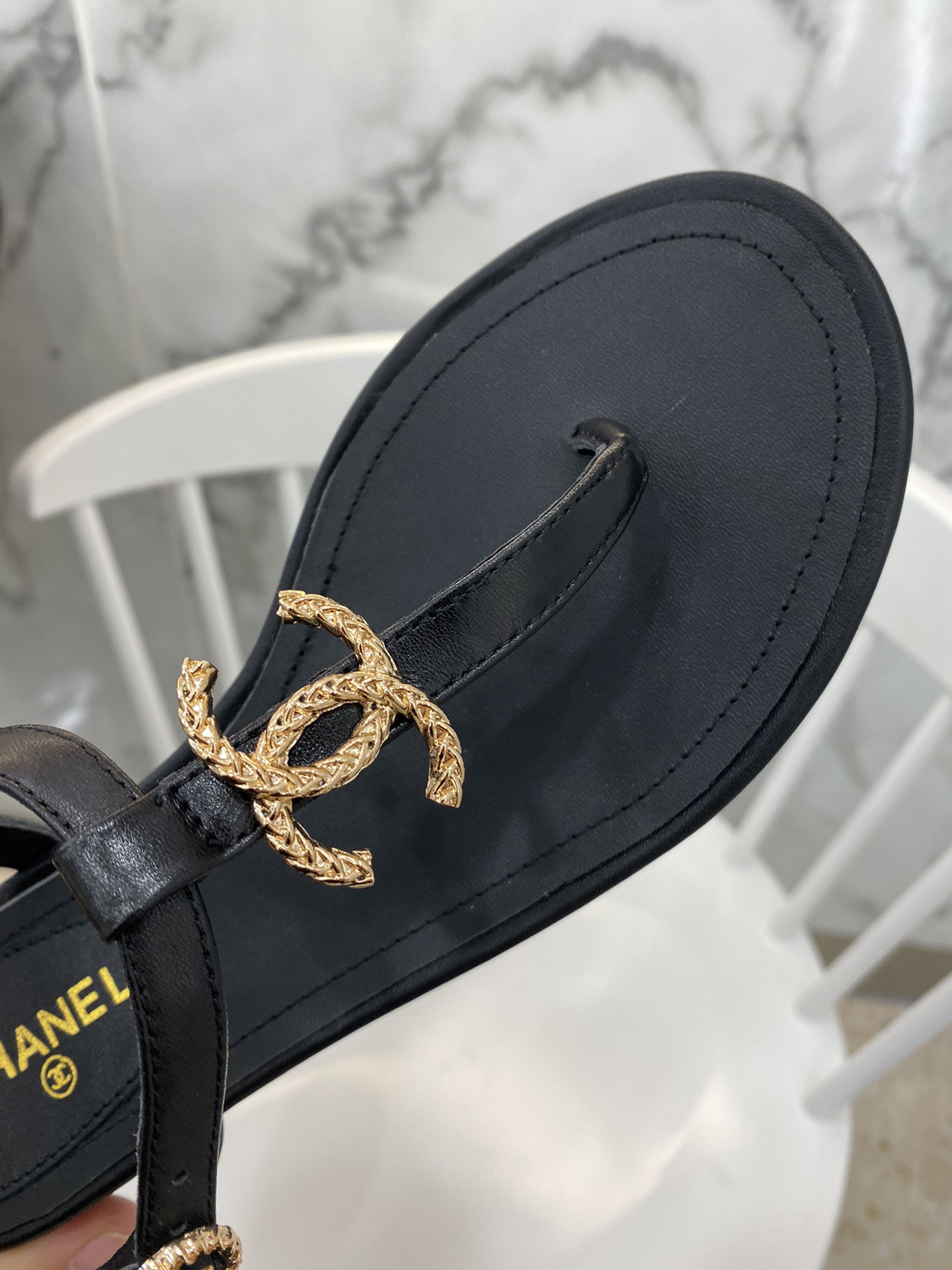 Chanel Gold CC Logo Thong Sandals Black