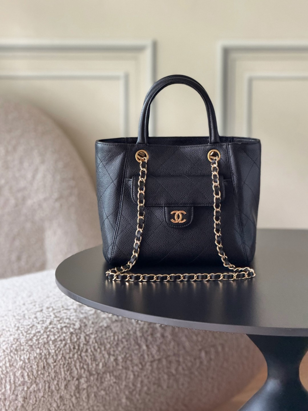 CHANEL Small Tote Grained Calfskin & Gold Tone Metal