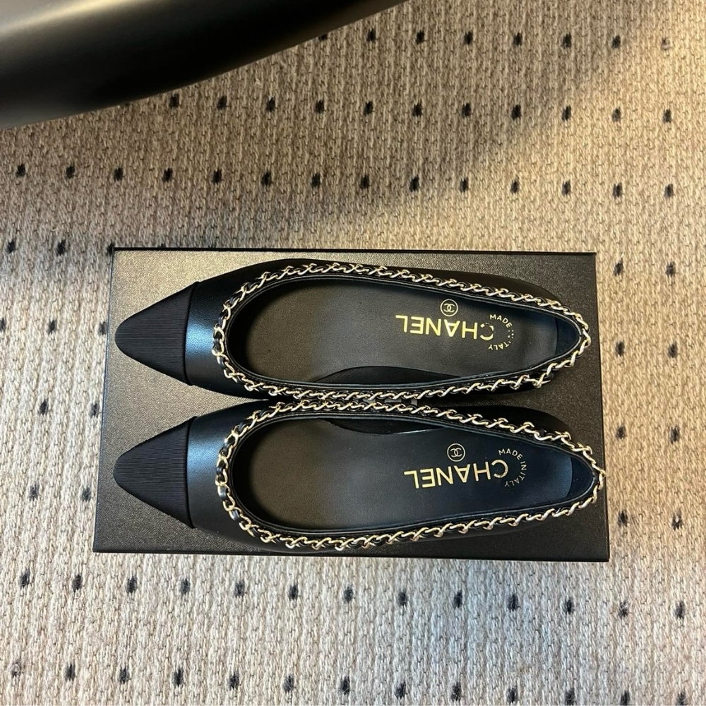 Chanel Leather And Fabric Cc Chain Link Ballet Flats Black
