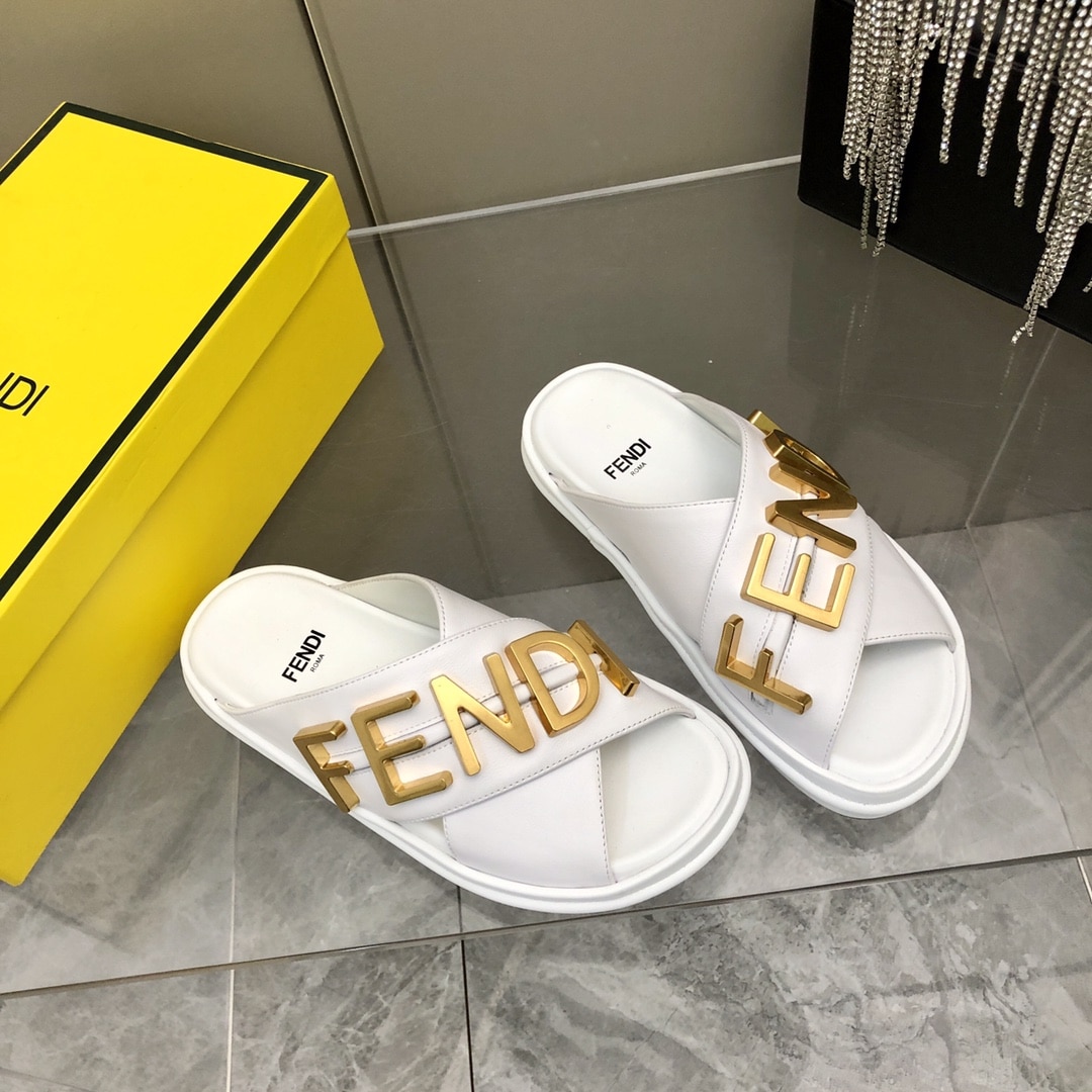 Fendi Fendigraphy Leather Slides White