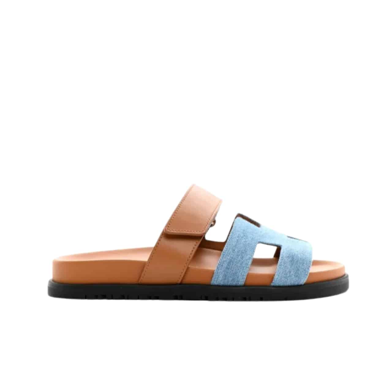 Hermes Chypre Flat Sandals Denim Brown
