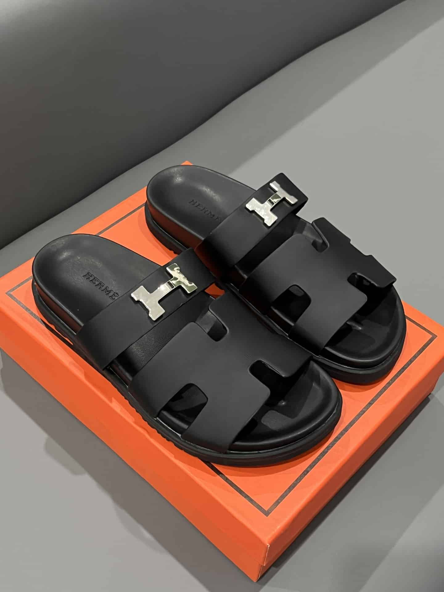 Hermes Chypre Sandal H Logo Silver Hardware Black