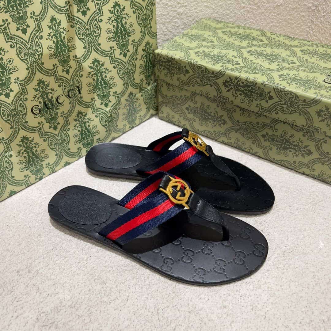 Gucci Double G Thong Leather Navy Blue 0B7N0 7100