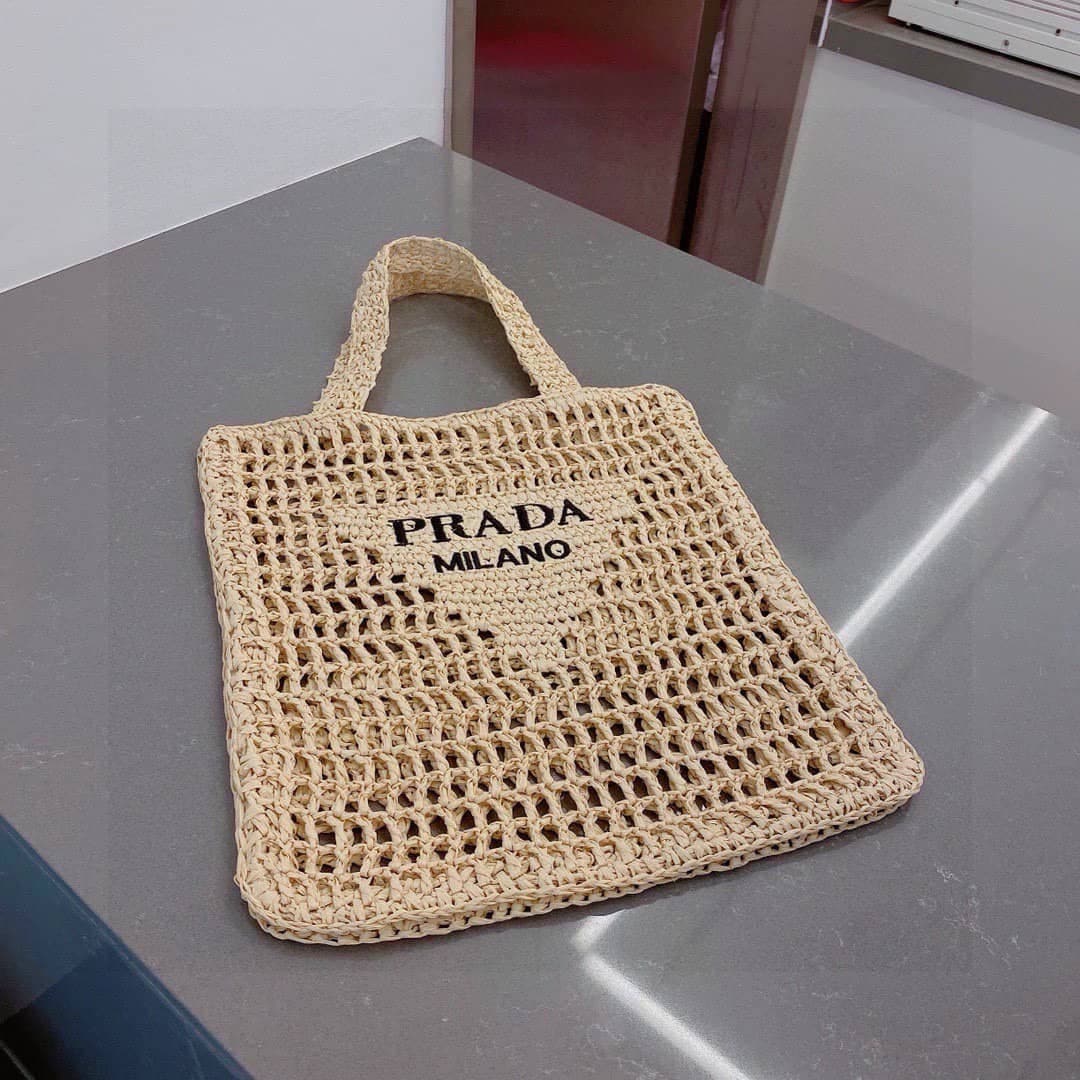 Prada Natural Crochet Logo Tote Bag Beach Bag 38 cm