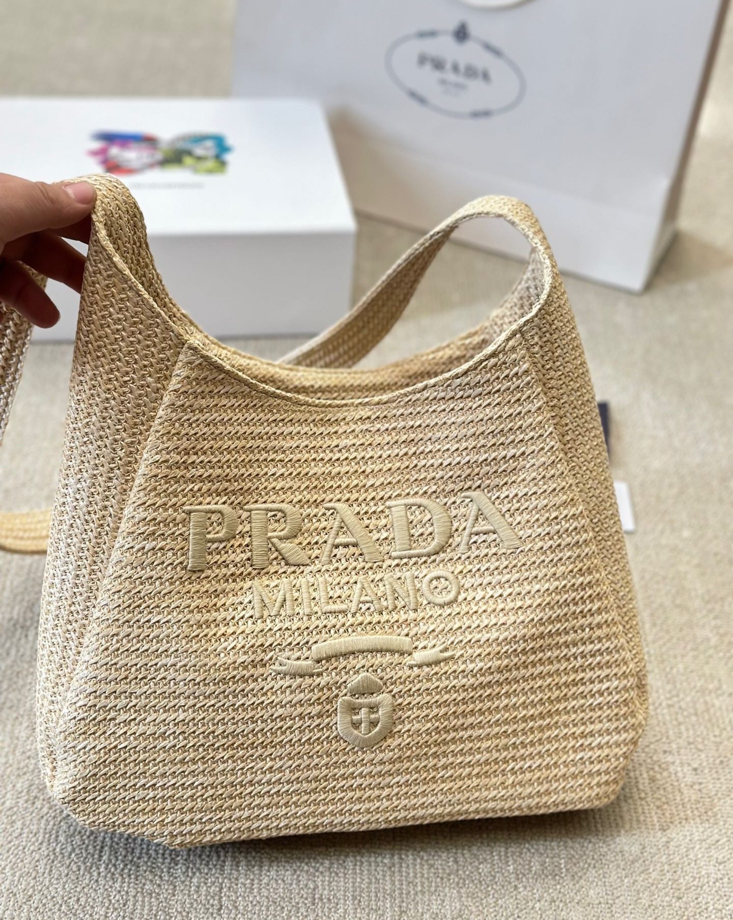 Prada Logo Embossed Raffia Shoulder Bag Beige 33Cm 1Bc186Vouo2A2T