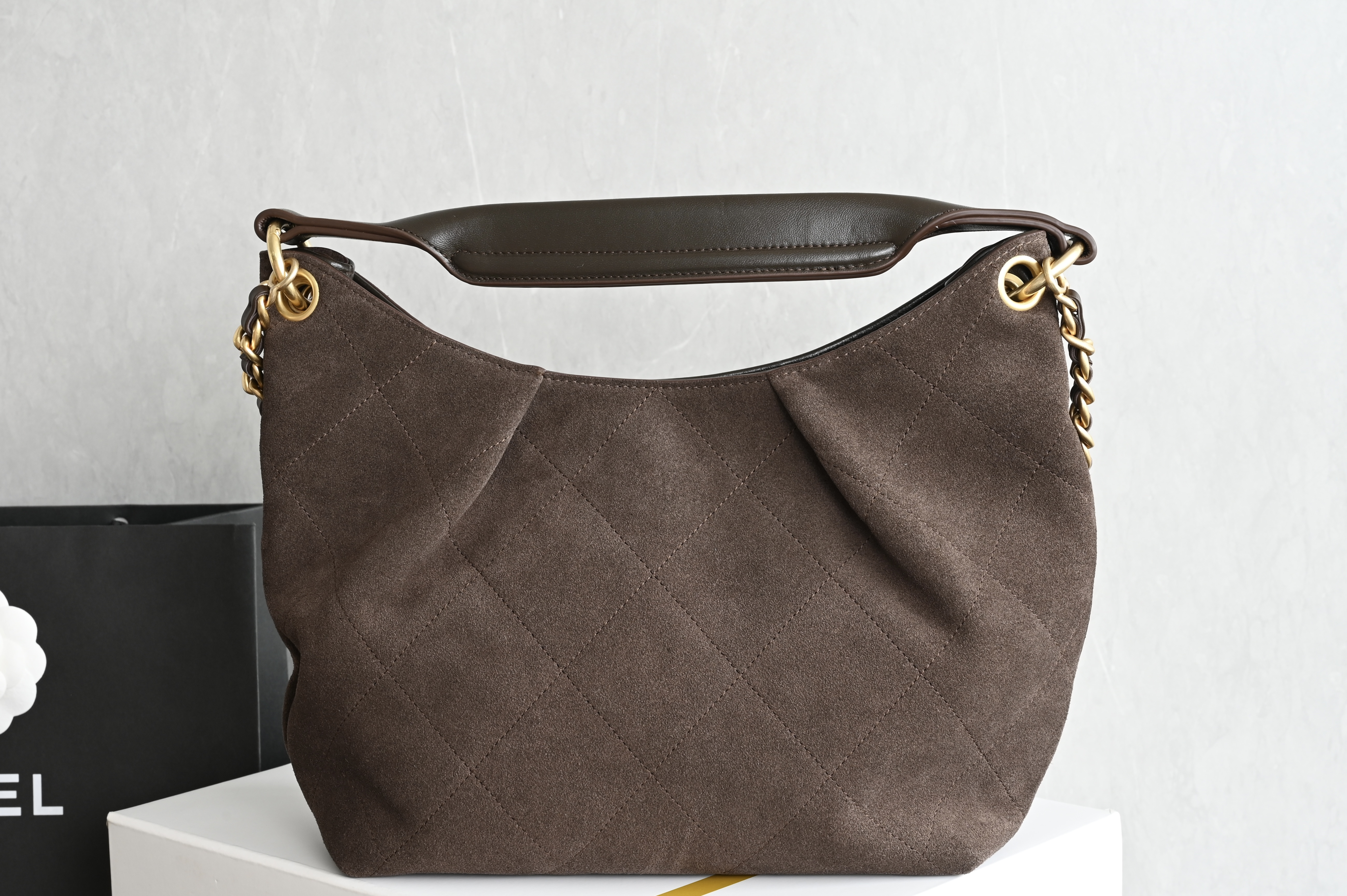 26C Hobo Shoulder Bag in Dark Brown Quilted Suede Calfskin with Light Gold-Tone Hardware
