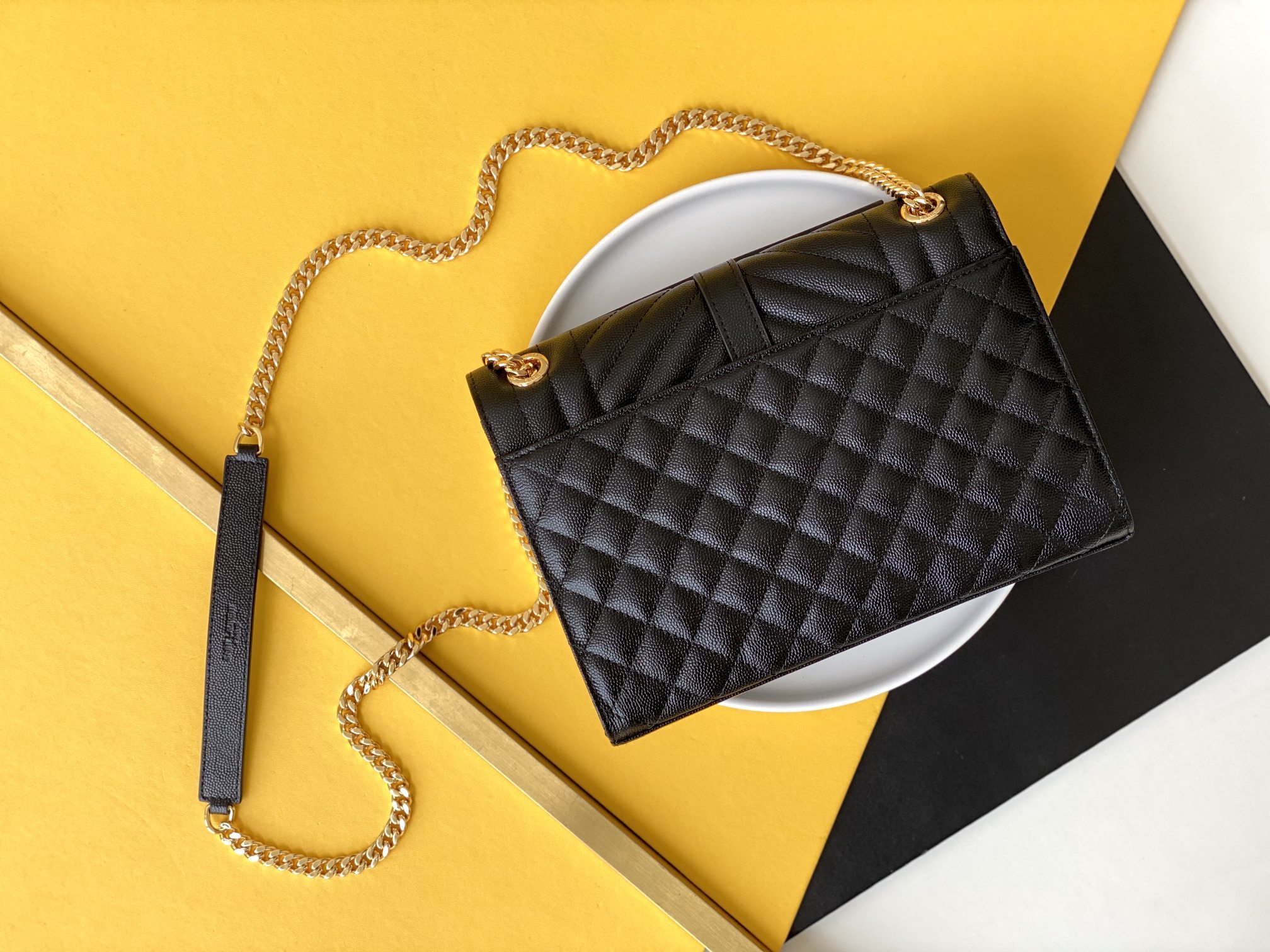 Saint Laurent Envelope Medium Chain Bag In Supple Matelasse Leather Black Gold 24Cm