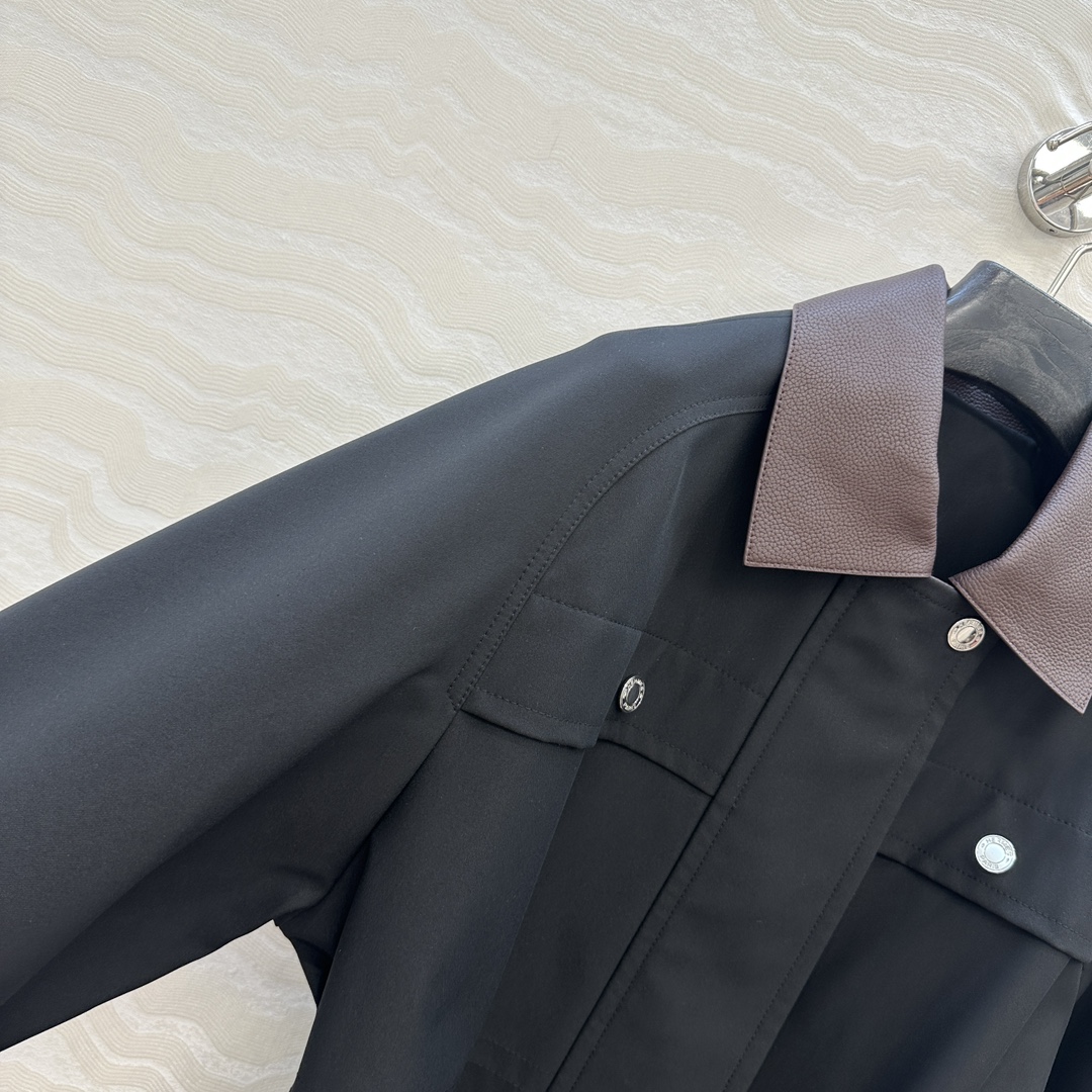 Hermès Long Work Coat with Patch Leather Collar and Pockets