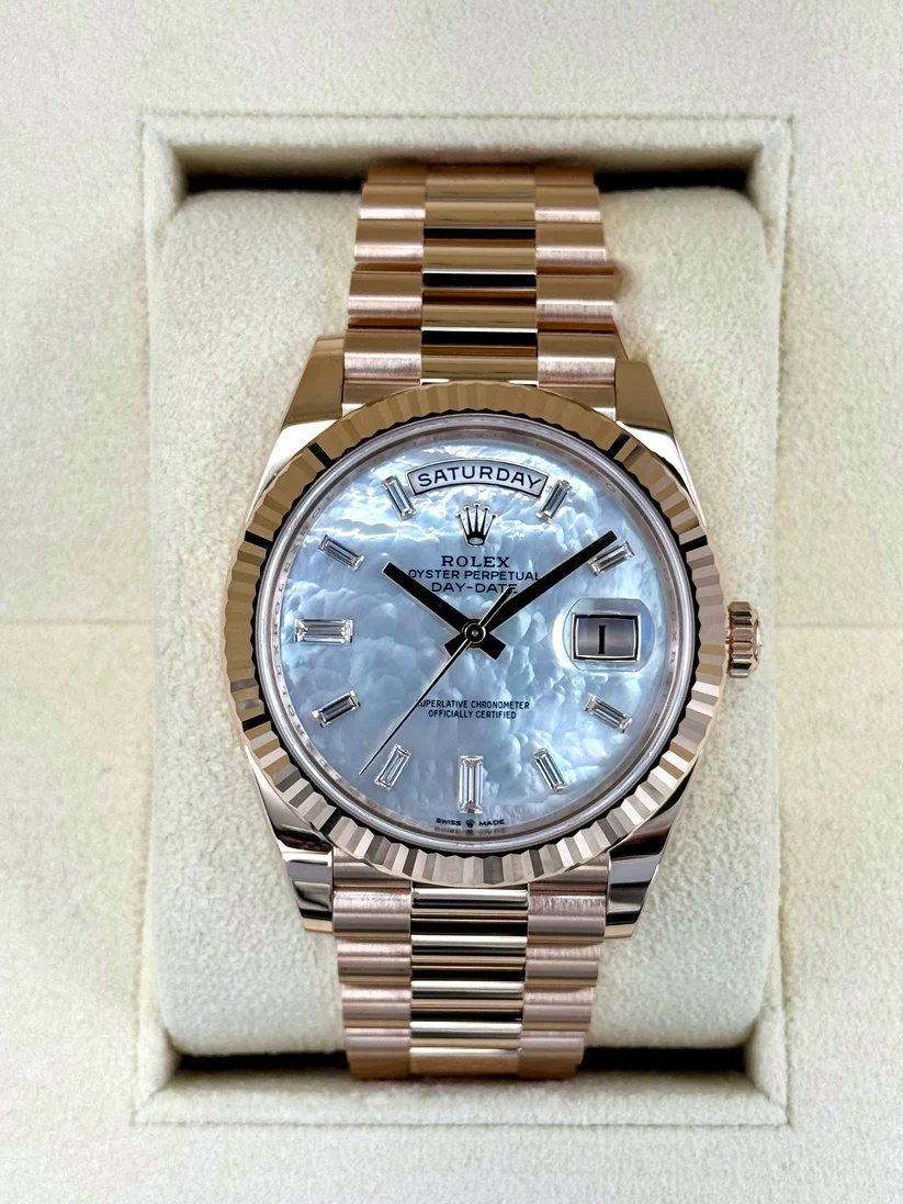 【Super Clone】RLX Day-Date President 40mm Everose Gold Mother of Pearl Diamond Baguette Dial - 228235