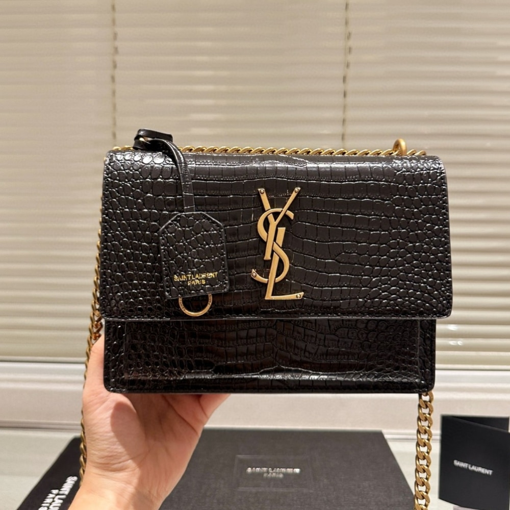 Saint Laurent Sunset Medium In Crocodile Embossed Leather Black 22Cm