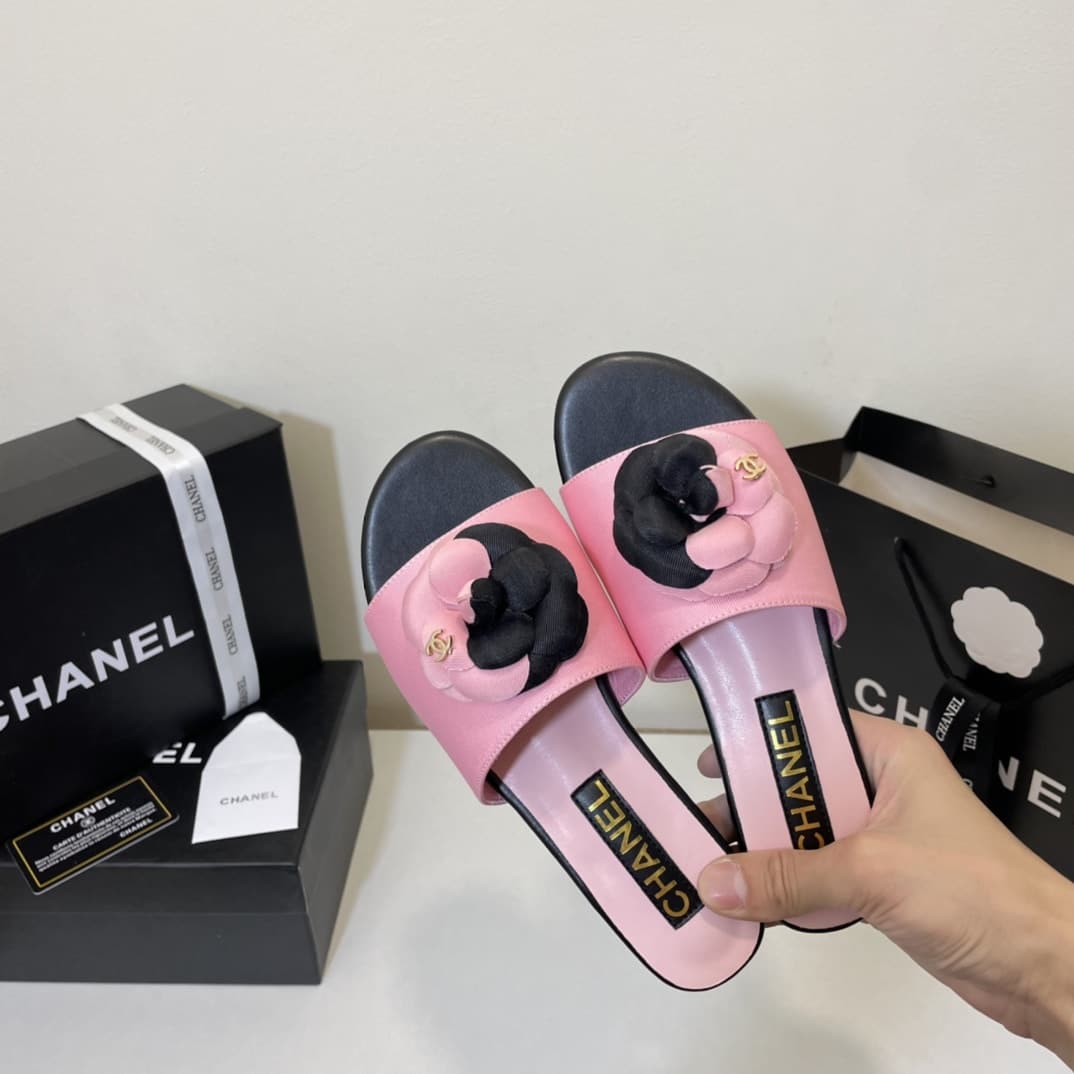 Chanel Camellia Slides Pink Black