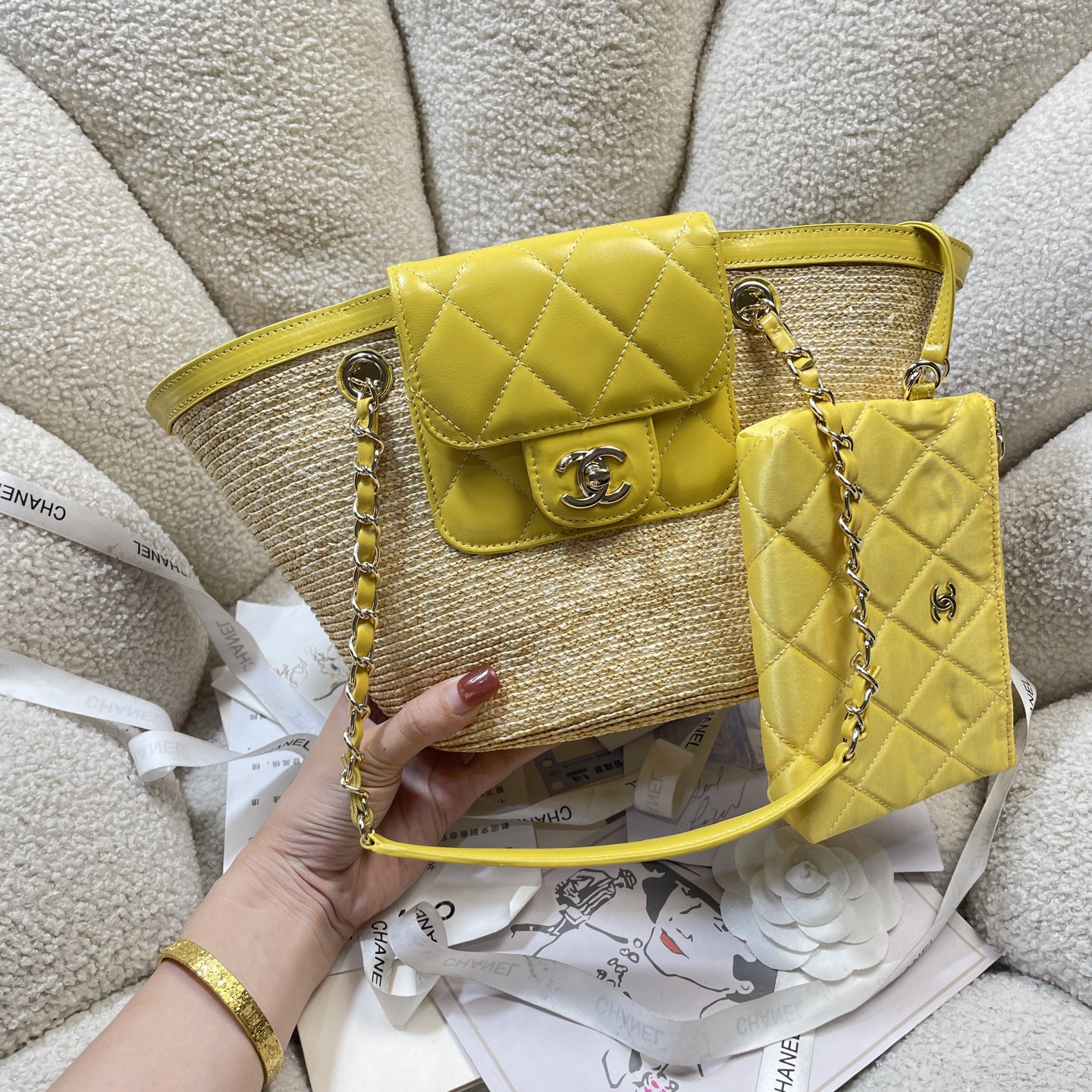 Straw and Lambskin Small Tote Bag with Pouch in Bright Yellow with Light Gold Hardware