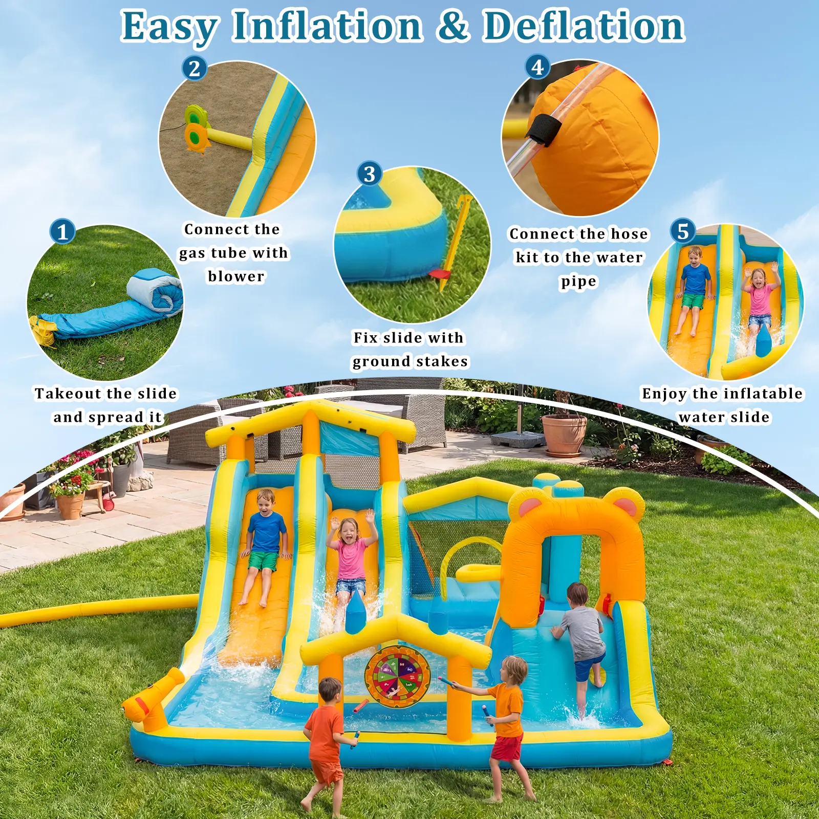 🔥Summer Deal🔥 Inflatable Water Slide Park with Splash Pool & Water Cannons