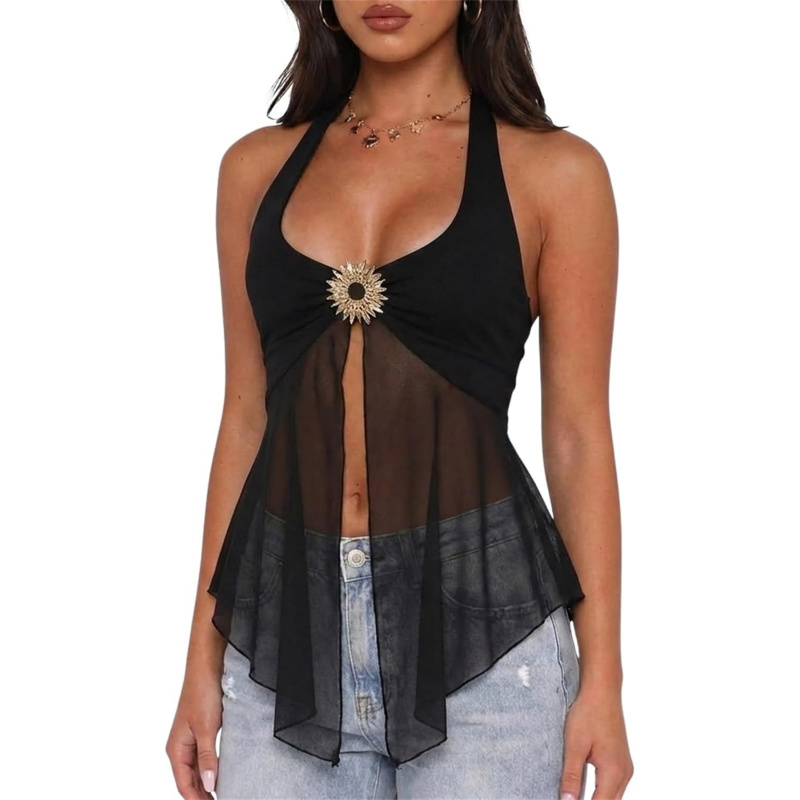 Usweetie Women Y2K Sexy Sheer Mesh Flowy Halter Top