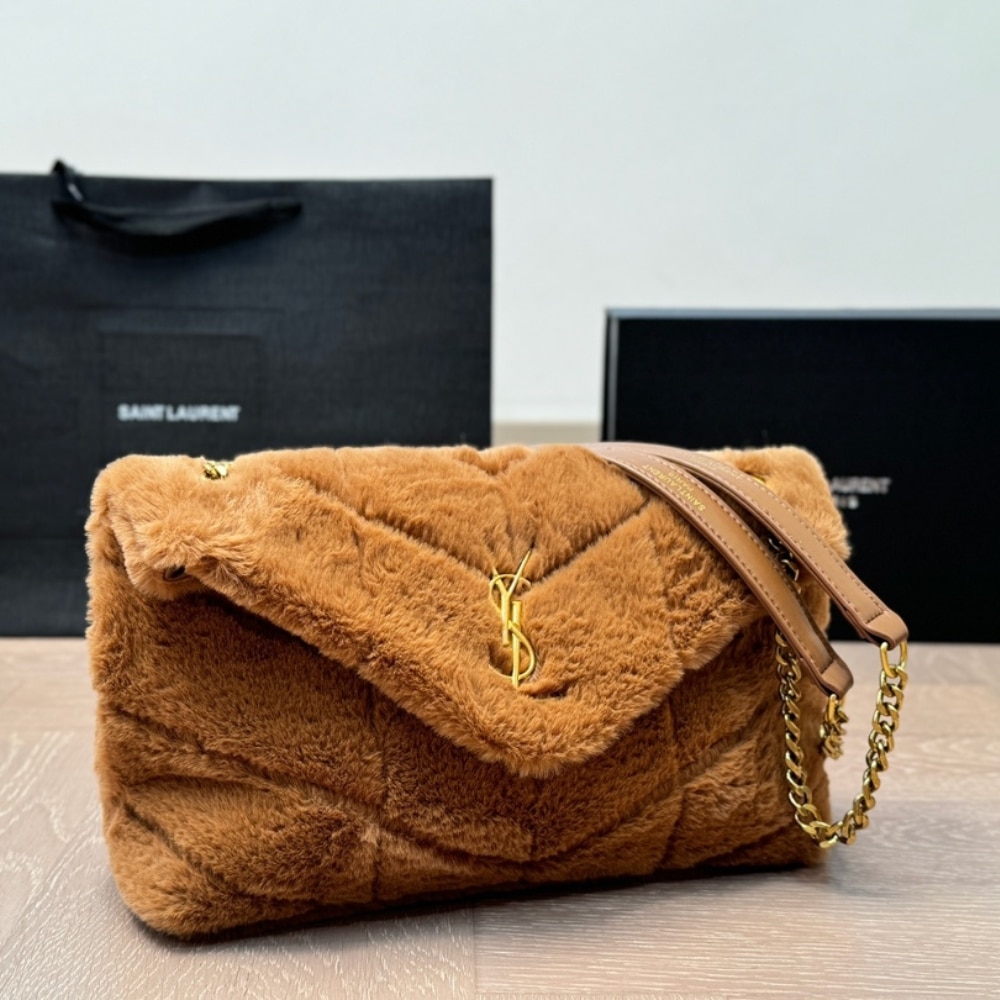 Saint Laurent Puffer Bag In Shearling Brown 28Cm