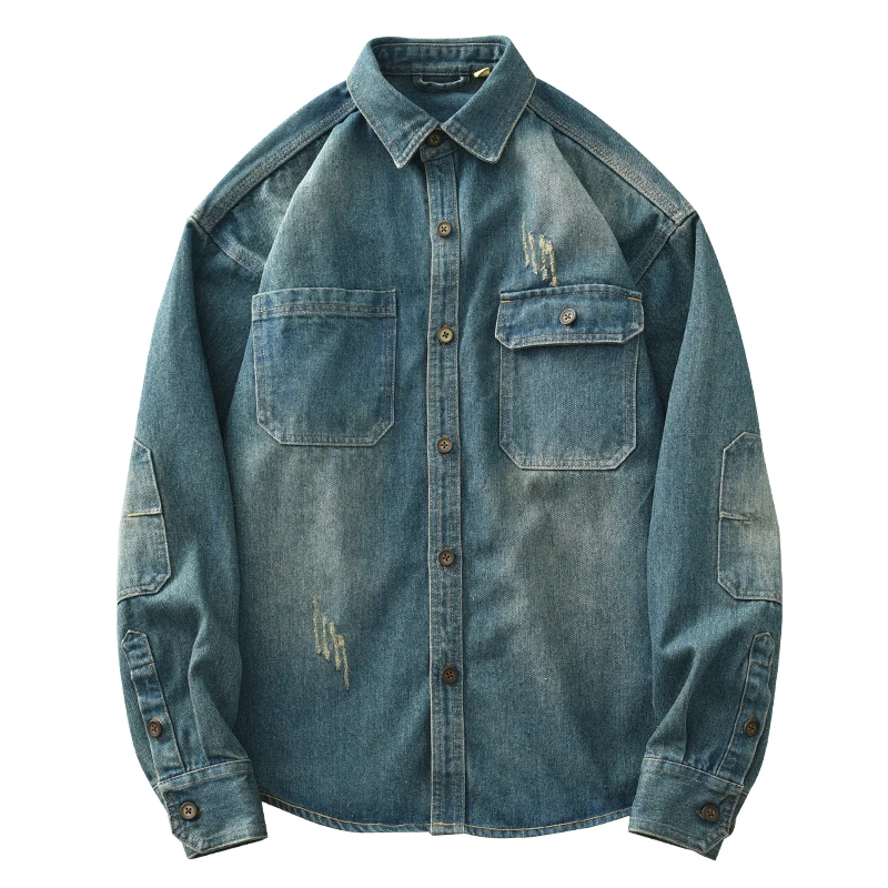 Men’s Autumn and Winter American Style Thick Nostalgic Washed Denim Shirt Youth Retro Casual Loose Shirt Jacket Coat