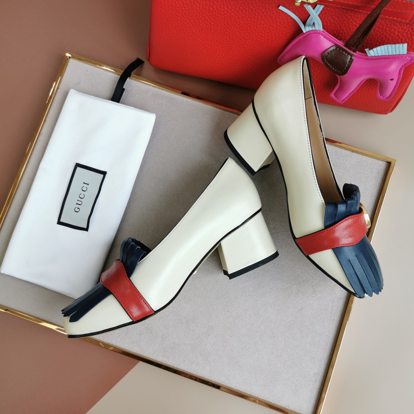 Gucci Wmns White And Blue Leather Mid-Heel Pump
