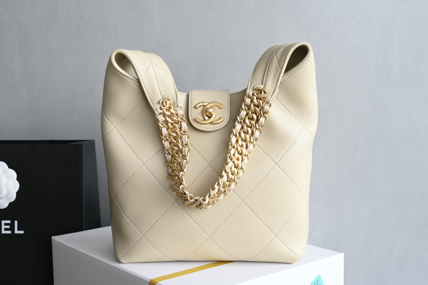 MAXI HOBO Bag in Beige Shiny Lambskin with Gold-Tone Hardware (Model AS5838)