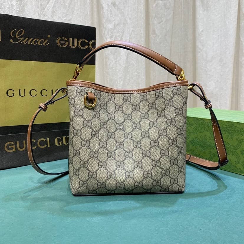 Gucci GG Emblem Mini Bucket Bag Beige And Dark Brown 19Cm ‎815118 FAD6L 9758
