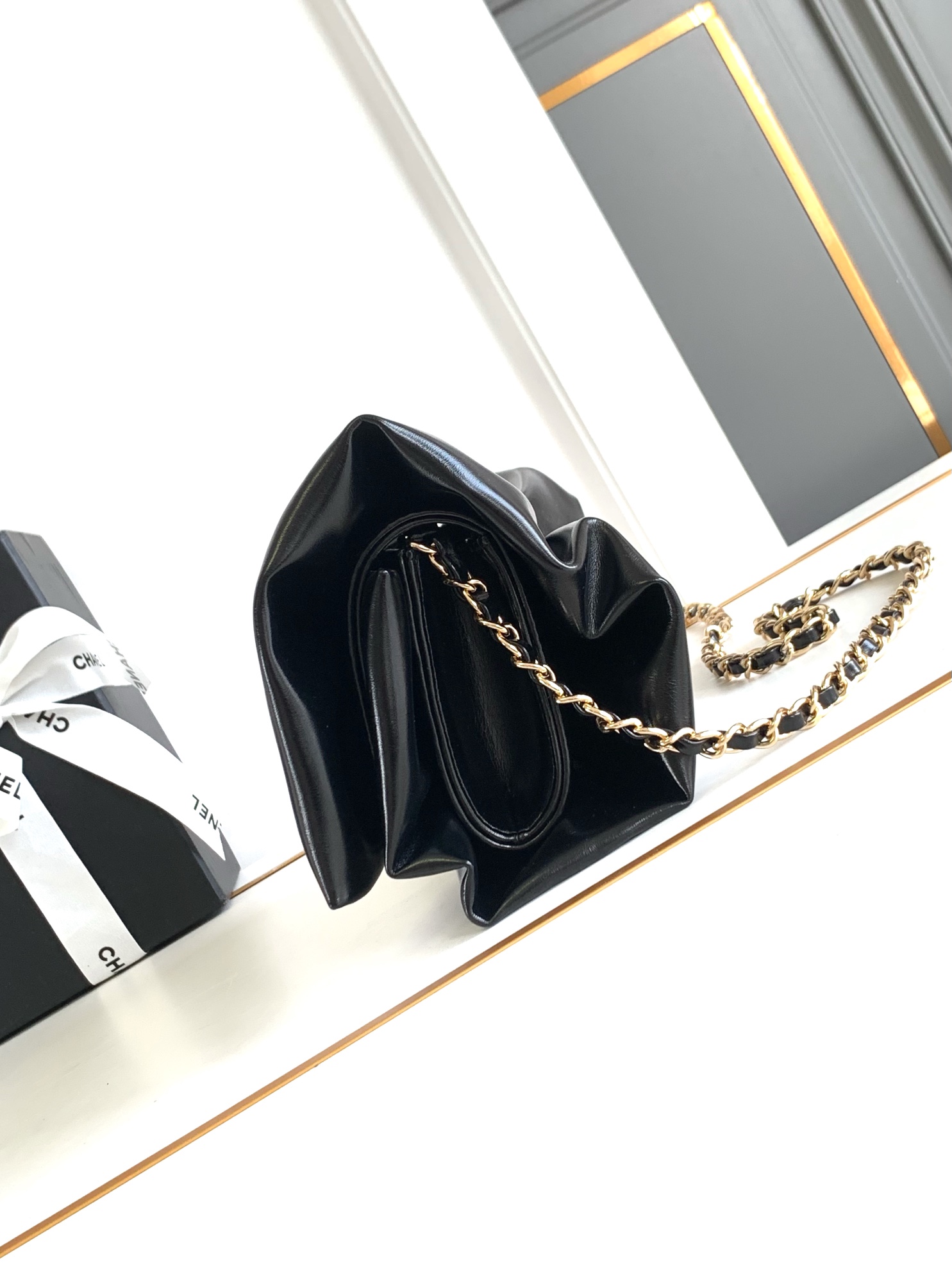 24C Bow Bag Clutch with Chain in Black Quilted Lambskin with Light Gold-Tone Hardware