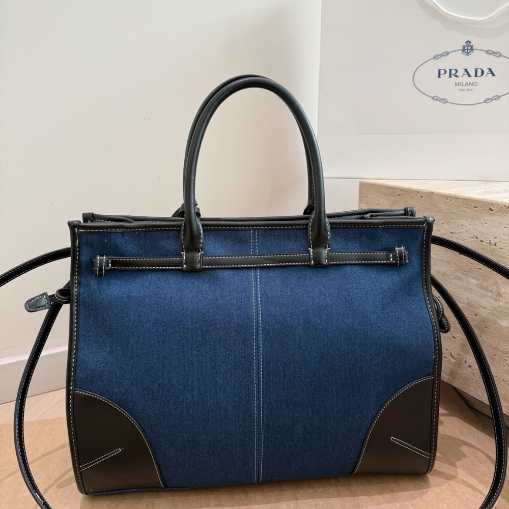 Prada Bonnie Large Denim Handbag Blue Black 38cm