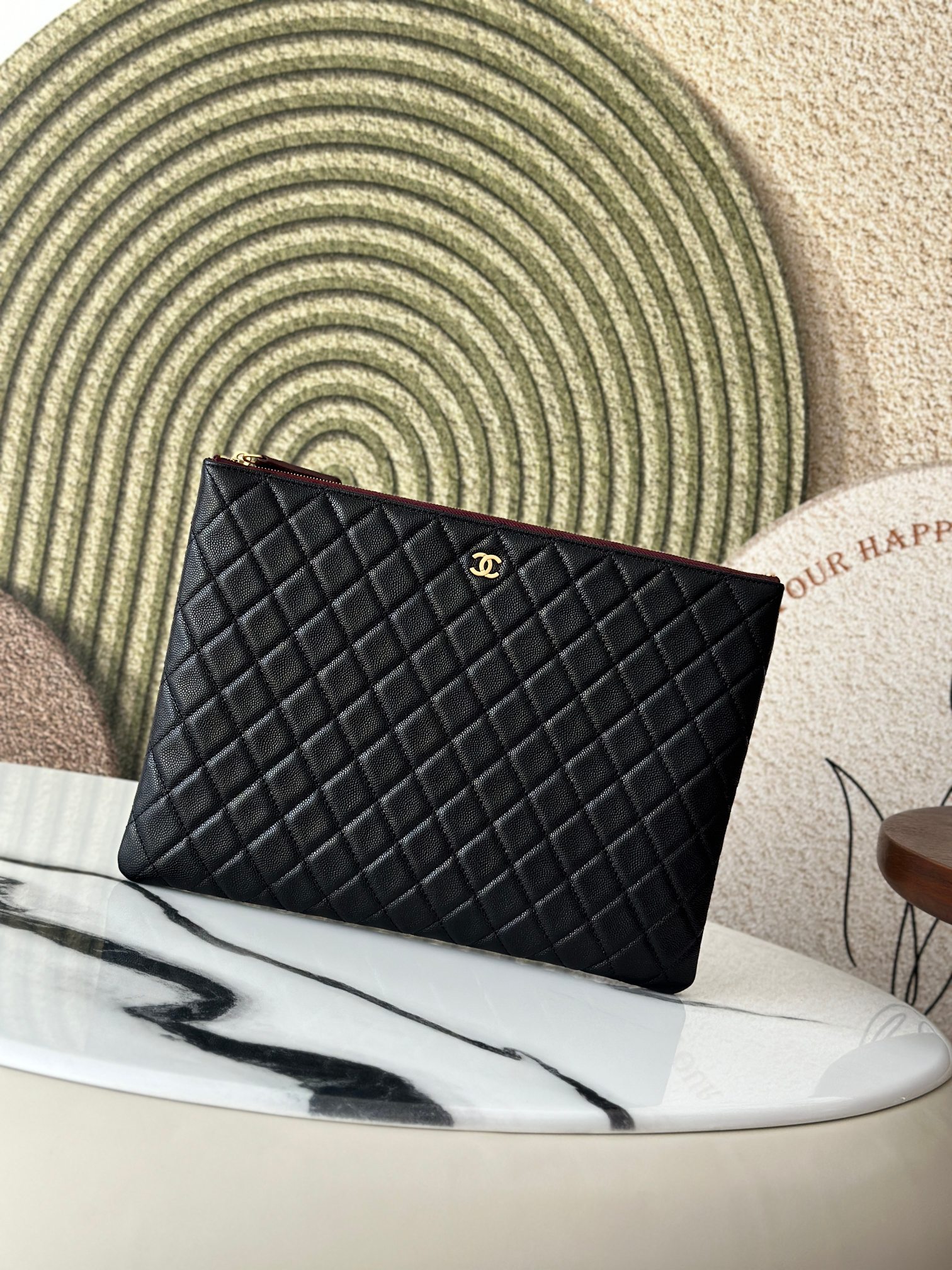 Classic Quilted Caviar Large Zip Pouch Document Case in Black with Gold-Tone Hardware