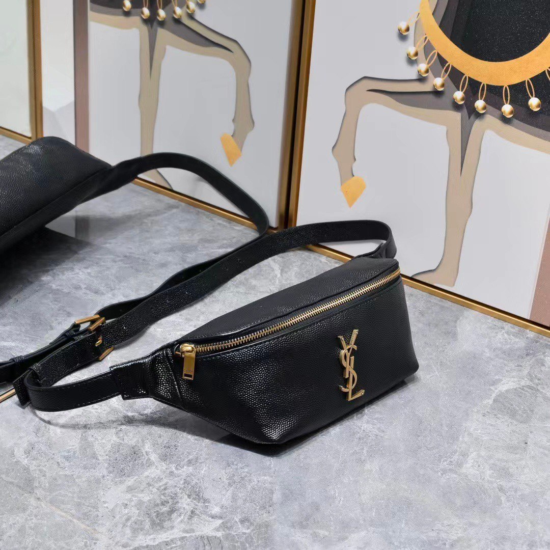 Saint Laurent Belt Bag Ysl Logo Appliquéd Leather Black 25Cm
