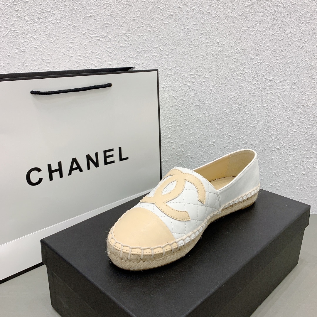 Chanel Cc Espadrilles Slip On White Beige