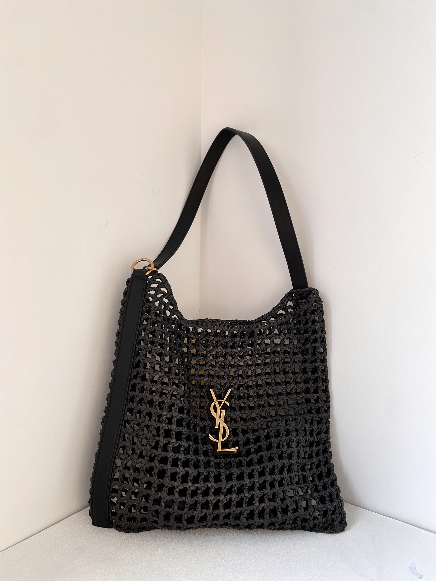 Saint Laurent Raffia And Leather Oxalis Shopping Bag Black 40cm/15.7in