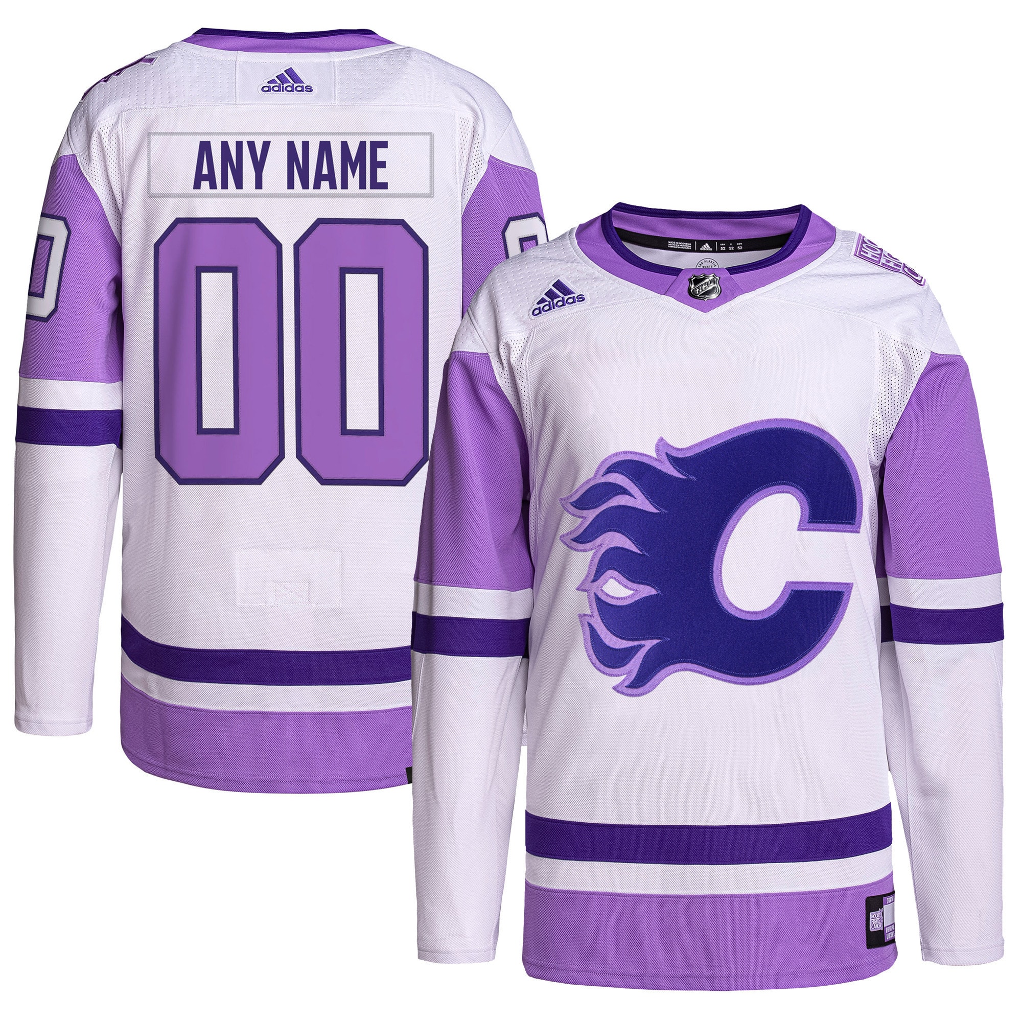 Calgary Flames adidas Hockey Fights Cancer Primegreen Authentic Custom Jersey – White/Purple